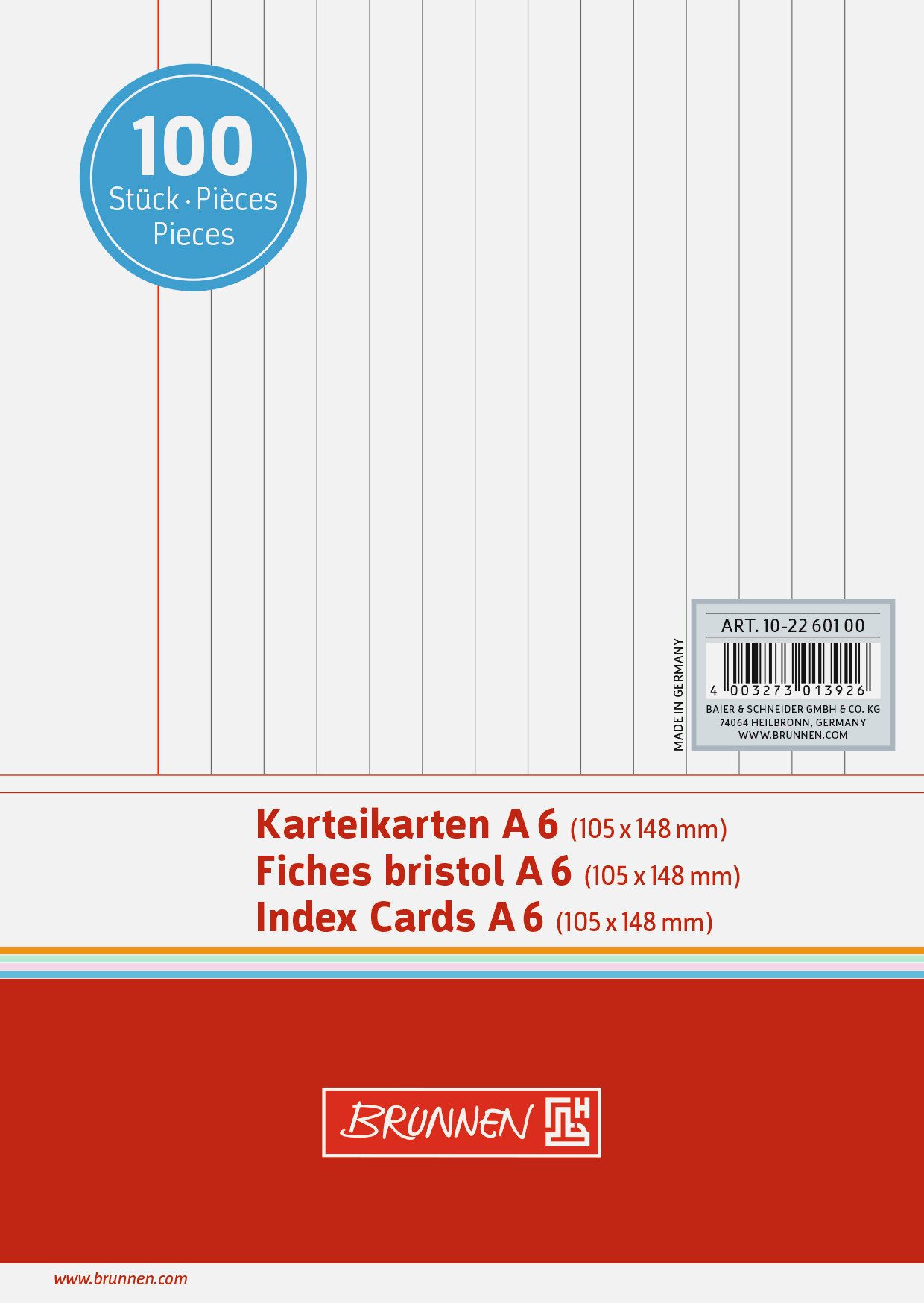 BRUNNEN Karteikarten Karteikarten A6 liniert 6 mm Zeilenabstand rote Kopflinie graue Querli – Bild 3 von 3