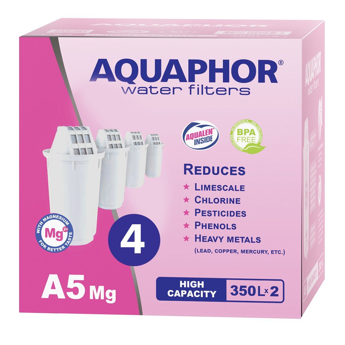 AQUAPHOR Kalk- und Wasserfilter A5 Mg. Pack 4 Filterkartuschen, Bis zu 350 l. Kapazität, Zubehör für, Tischwasserfilter Provence, Smile, Prestige, AQUALEN Technologie, Reichert das Wasser mit Magnesium an