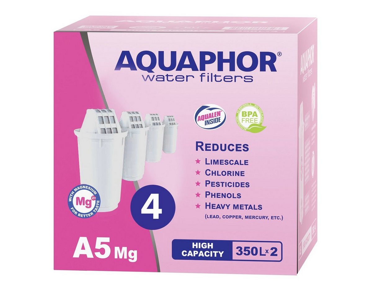 AQUAPHOR Kalk- und Wasserfilter A5 Mg. Pack 4 Filterkartuschen, Bis zu 350 l. Kapazität, Zubehör für, Tischwasserfilter Provence, Smile, Prestige, AQUALEN Technologie, Reichert das Wasser mit Magnesium an