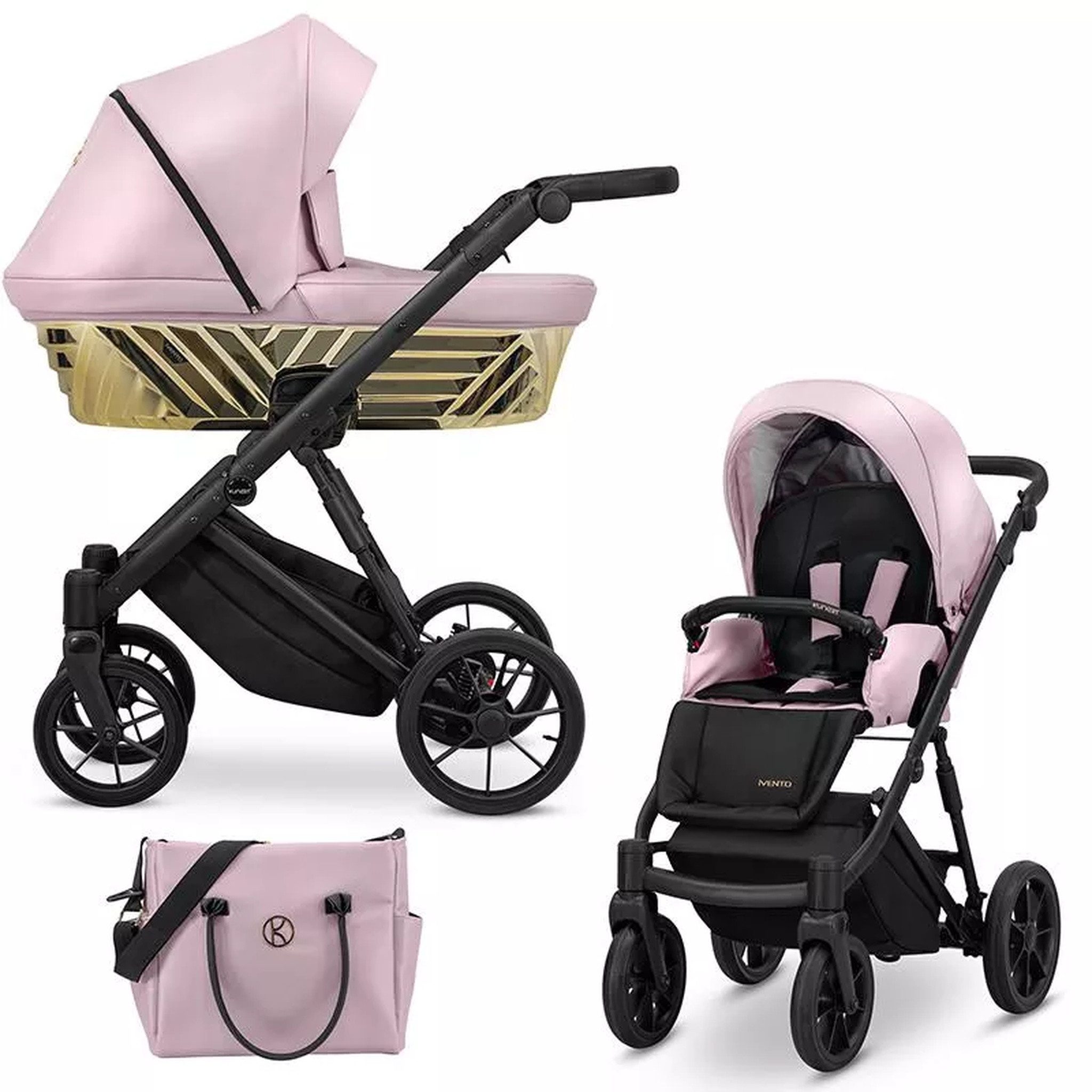 KUNERT Kombi-Kinderwagen Ivento Glam 3in1 Öko-Leder Kinderwagen mit schwarzem Rahmen, 2in1-Set mit Babywanne und Sportsitz