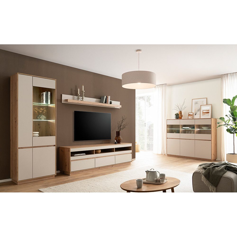 Lomadox Wohnzimmer-Set SITTEN-61, (Mega-Spar-Set, 4-St., Vitrine inkl. Beleuchtung Lowboard Wandboard Highboard), Eiche mit Kaschmir Beige, Kabeldurchlass, inkl. Beleuchtung