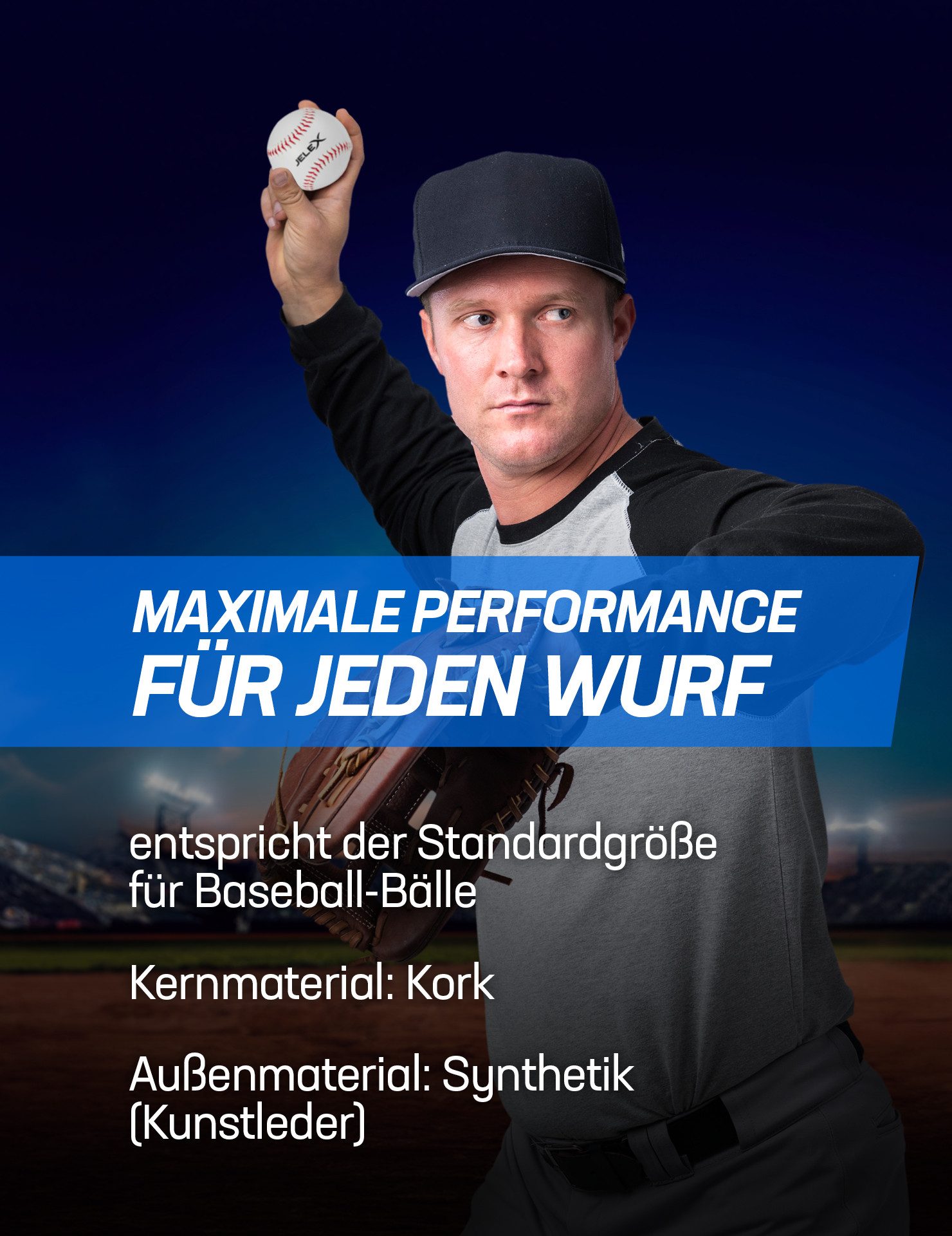JELEX Baseball JELEX "Homerun" Baseball 9" mit Korkkern, entspricht der Standardgröße für Baseball-Bälle