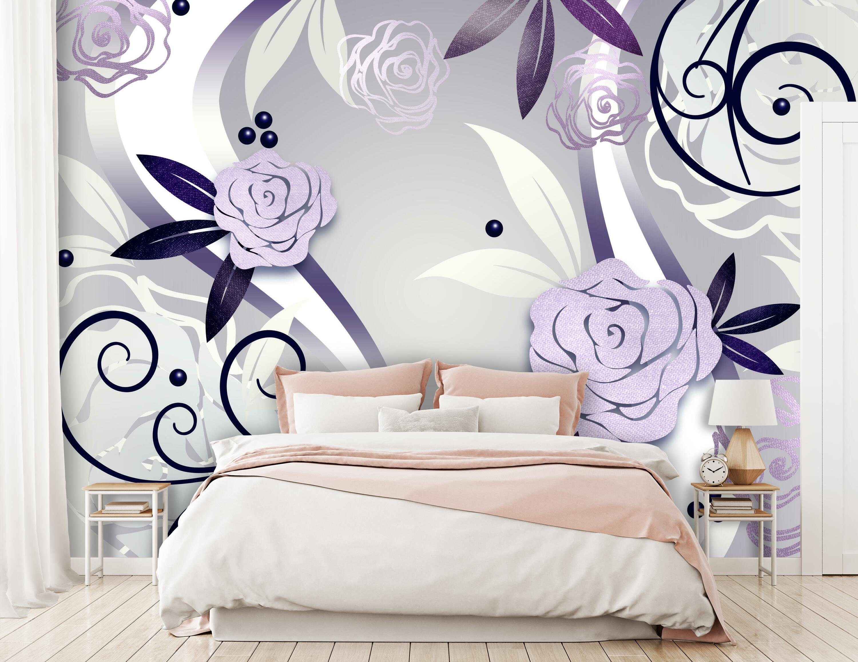 wandmotiv24 Wandtapete, Ornamente, violette glatt, Motivtapete, Rosenblüten matt, Vliestapete Fototapete
