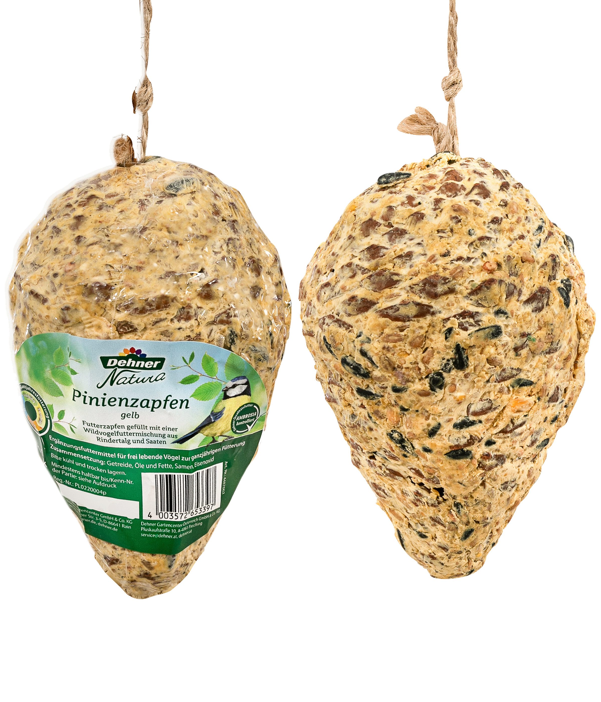 Dehner Natura Premium Wildvogelfutter Pinienzapfen, 4 x 350 g, Kraftfutter für: Wildvogel, zum aufhängen, Fettfutter aus Rindertalg und Saaten