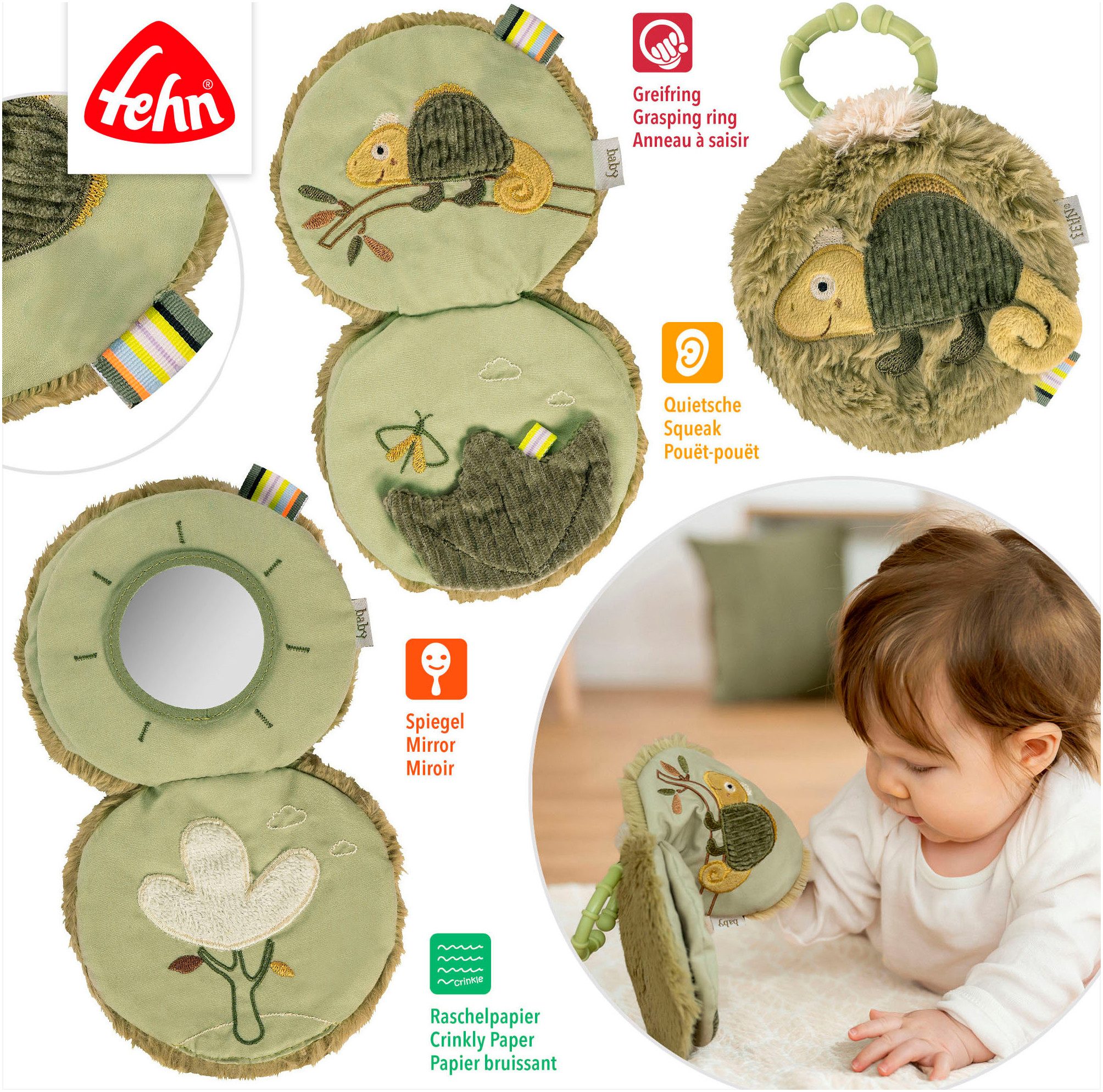 Fehn Greifspielzeug Lazy, Crazy & Pink, Stoffbuch Chamäleon