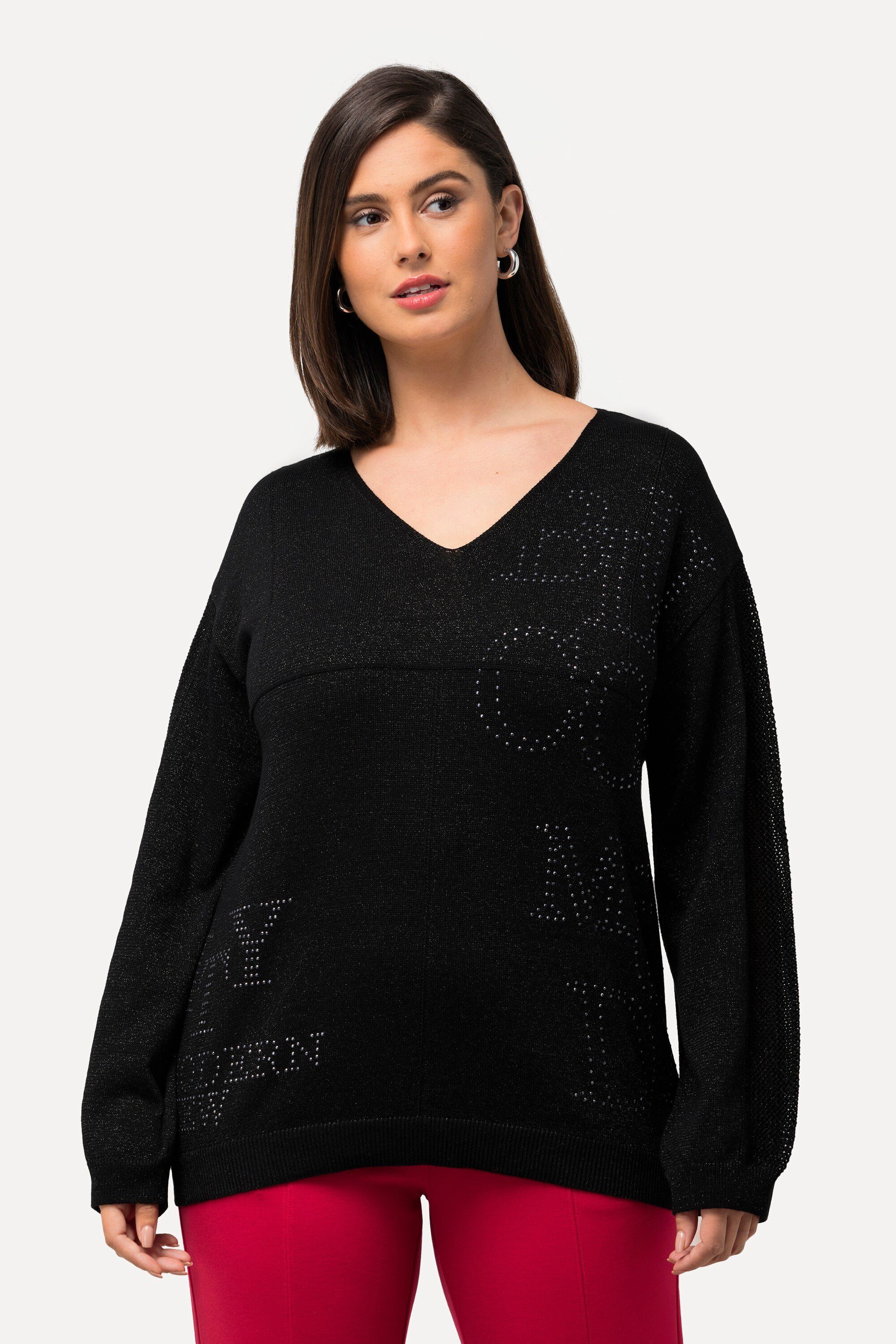 Strickpullover Pullover Ziersteine V-Ausschnitt Langarm