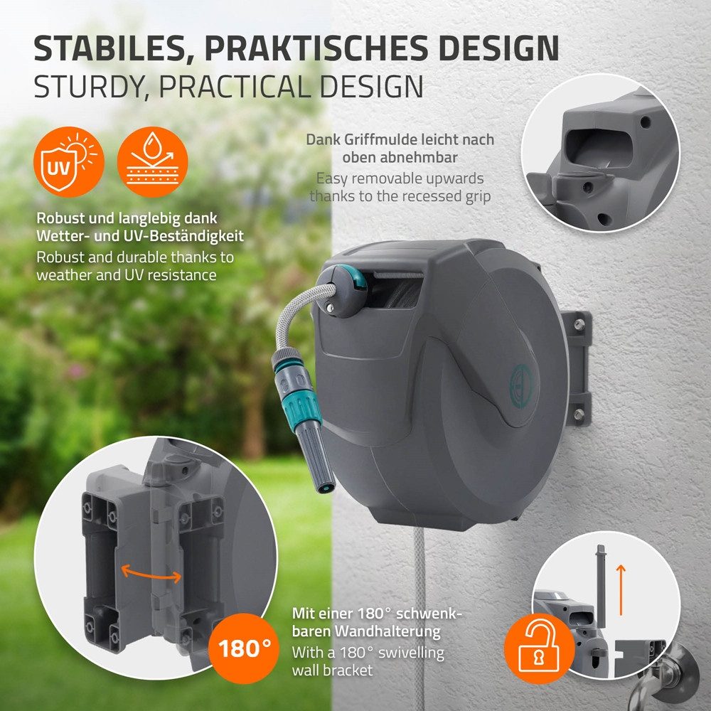 ECD Germany Schlauchaufroller Schlauchtrommel mit Arretierstop 9 Sprühfunktionen 180° Schwenkbar, Schlauchtrommel 15m+1,5m Arretierstop 9 Funktionen 180° Schwenkbar