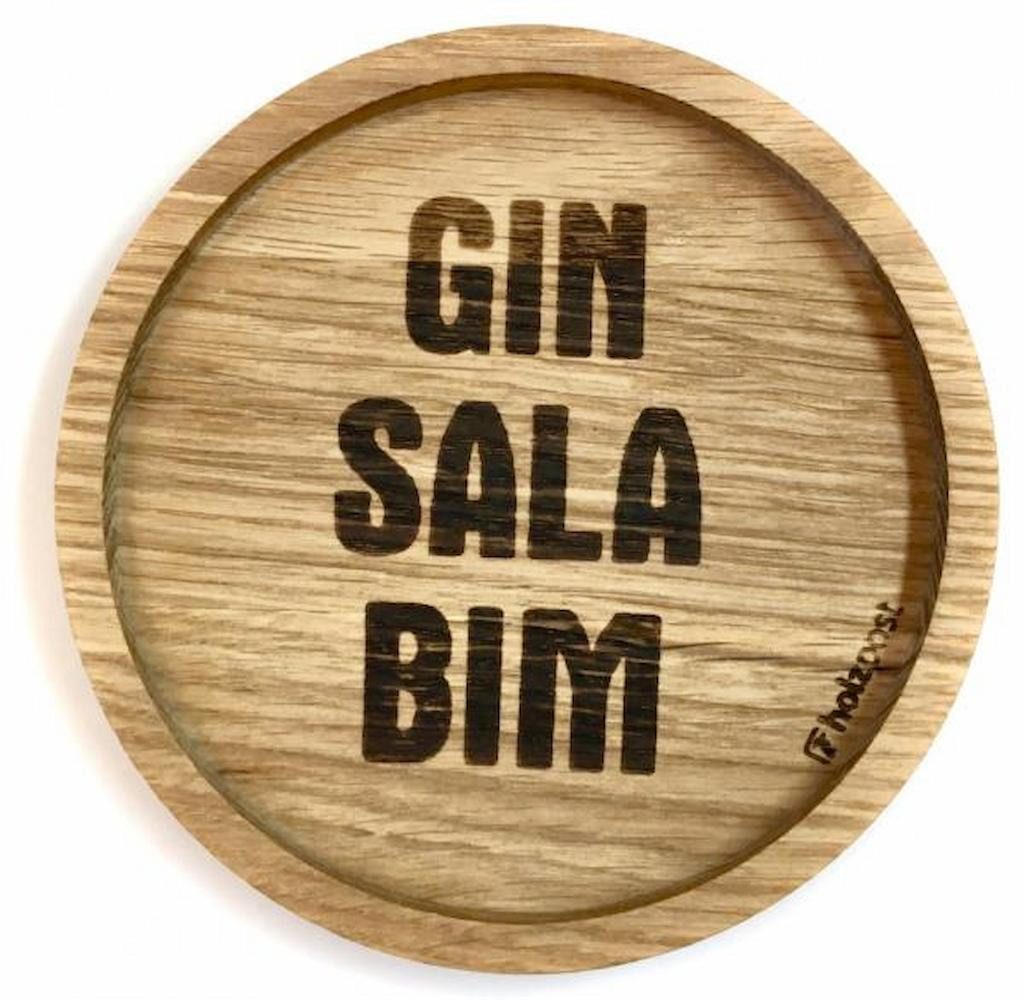 holzpost GmbH Getränkeuntersetzer GIN SALA BIM, 1-tlg., massives Eichenholz, Runde Einkerbung