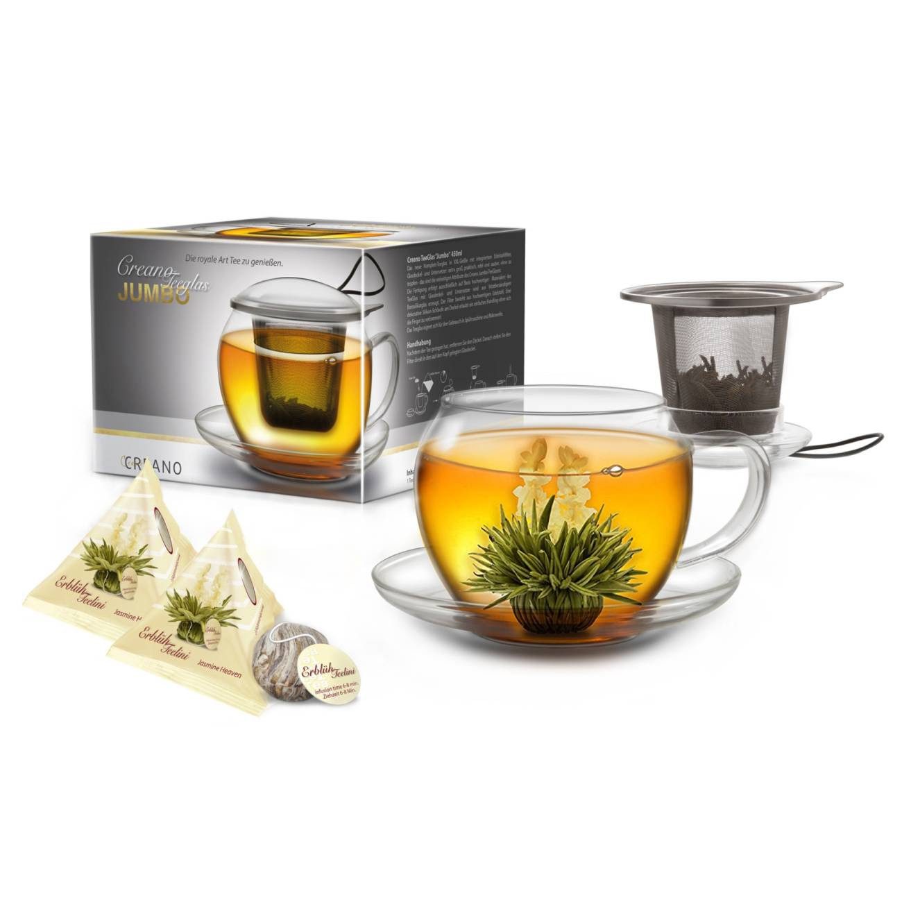 Creano Teeglas Jumbo-Tasse 450ml mit Sieb plus 2x Teelini, Glas, 1x Glas und 2x Teelini