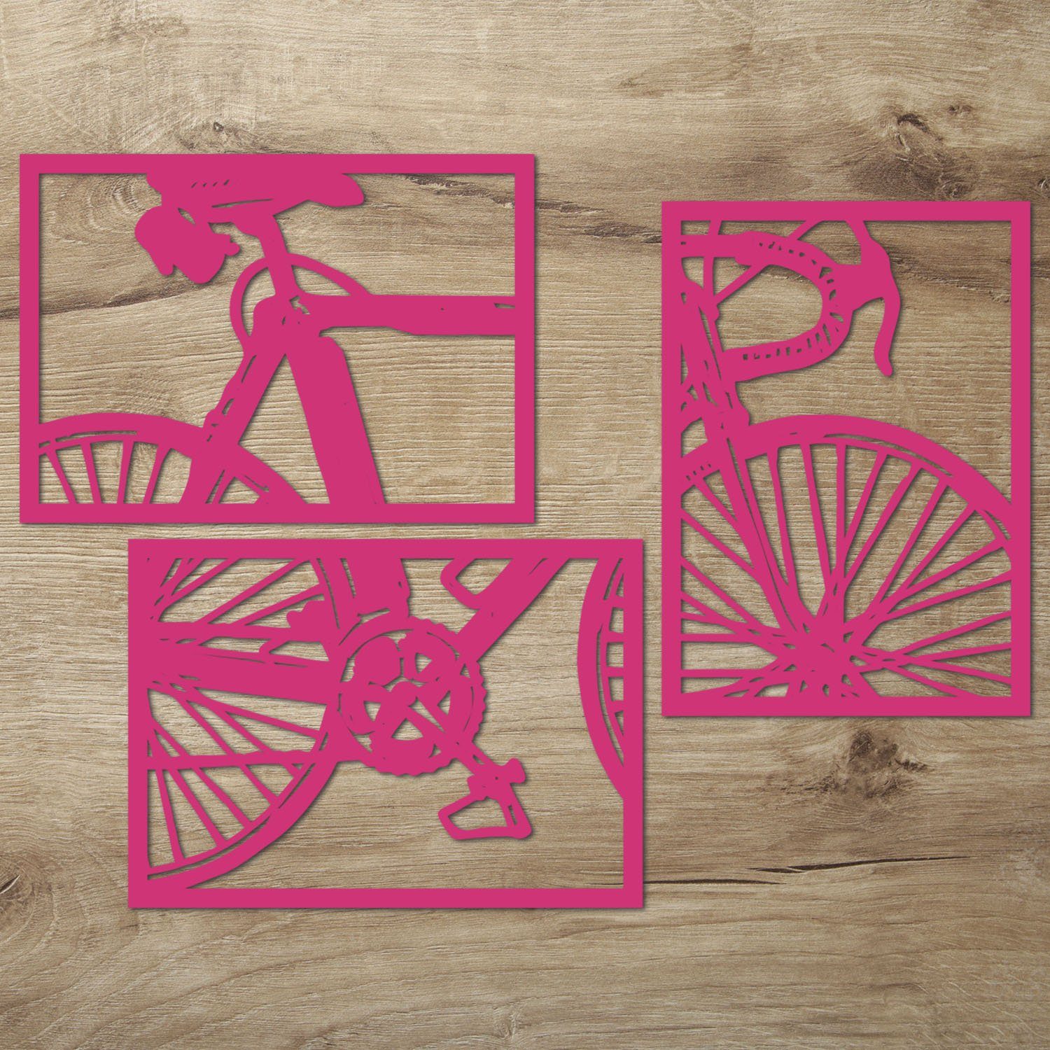 Namofactur Wanddekoobjekt XXL Fahrrad Wandbild aus Holz (3-teilig), Außergewöhnliches Holz-Wandtattoo für Dein zuhause Pink