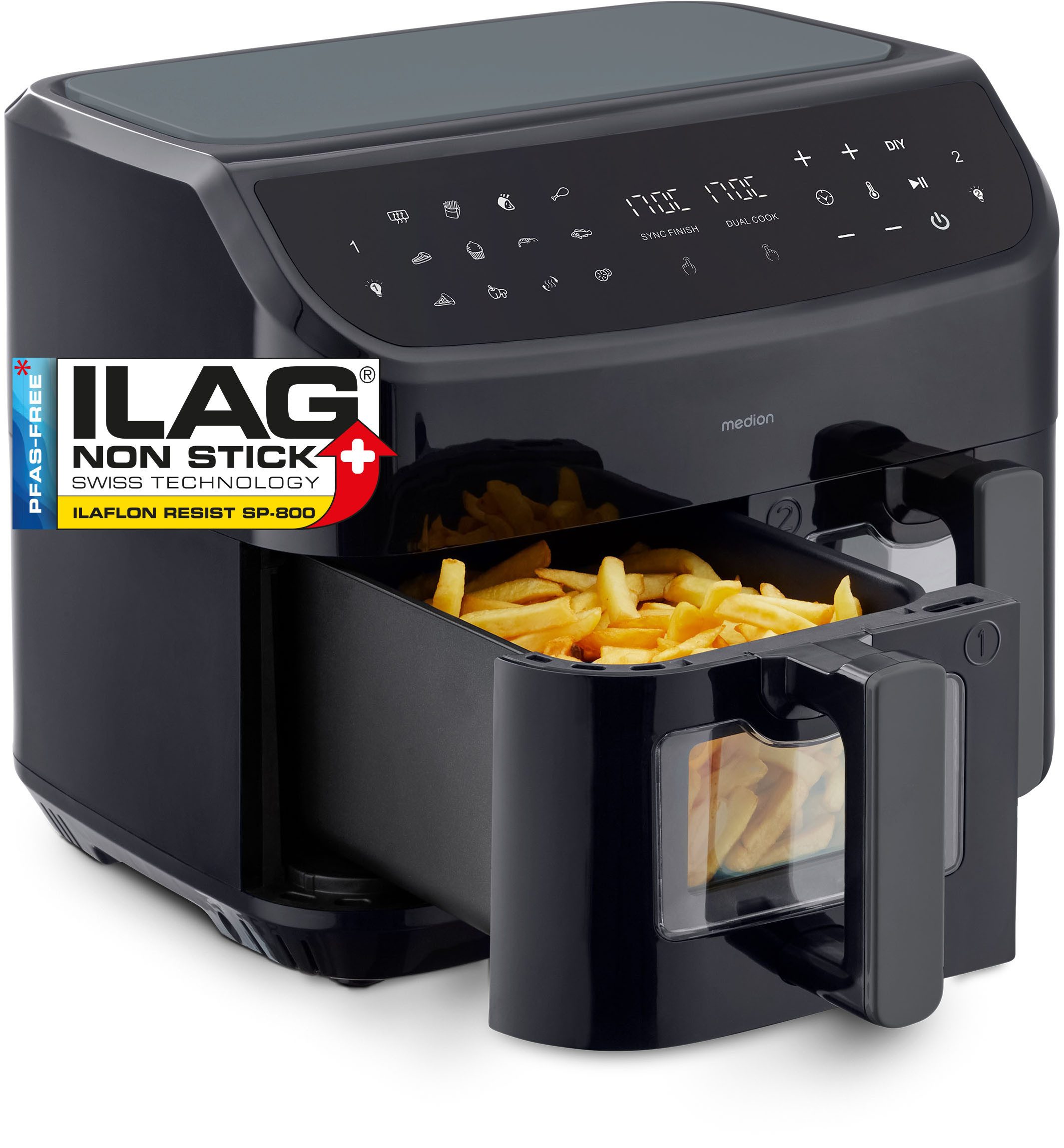 Medion® Heißluftfritteuse MD11760 P20 XXL, 2 separat gesteuerte Garkammern, Touch Display, 2400 W, Temperatur 50 - 200 °C, ILAG Beschichtung, Sync-Finish