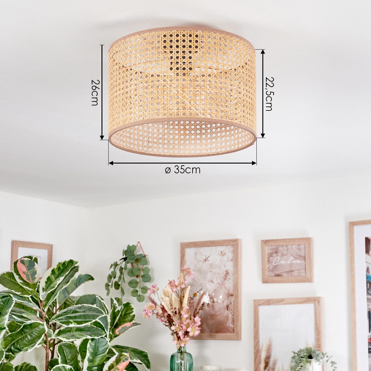 hofstein Deckenleuchte Deckenlampe aus Metall/Wienergeflecht/Stoff, Schwarz/Naturfarben/Braun, Deckenleuchte im modernen Design (35 cm), E27 – Bild 4 von 5