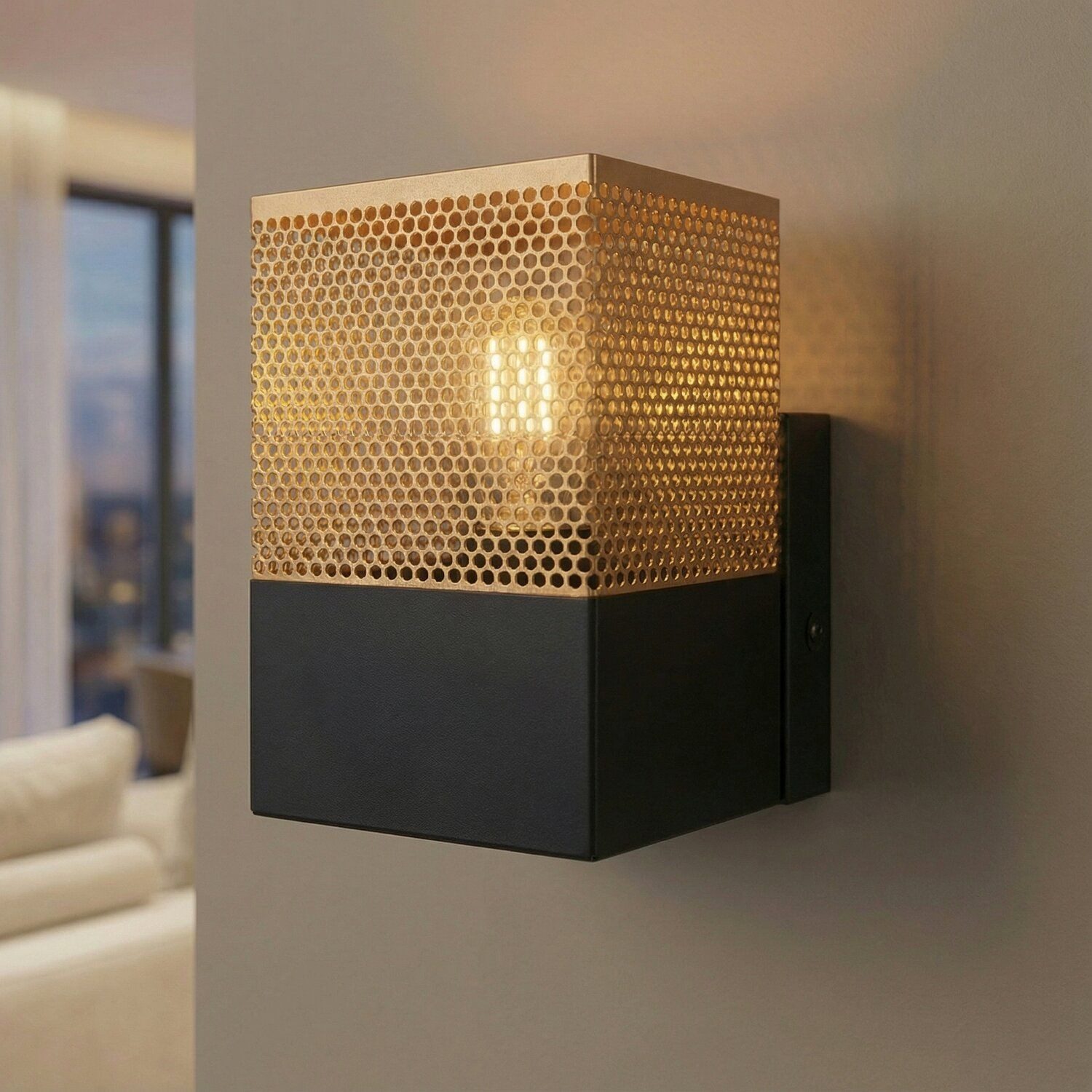 Licht-Erlebnisse Wandleuchte TELUR, ohne Leuchtmittel, Industrial Design Schwarz Gold Metall eckig B:10 cm E27 Wohnzimmer