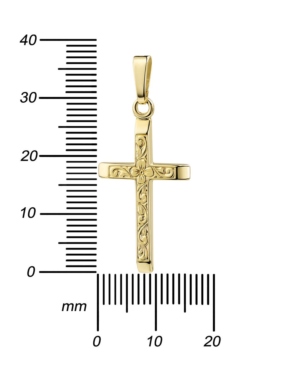 JEVELION Kreuzkette Kreuzanhänger - Pflanzenornament-Verzierung 585 Gelbgold / 14 Karat (Goldkreuz, für Damen und Mädchen), Mit Kette vergoldet- Länge wählbar 36 - 70 cm oder ohne Kette.