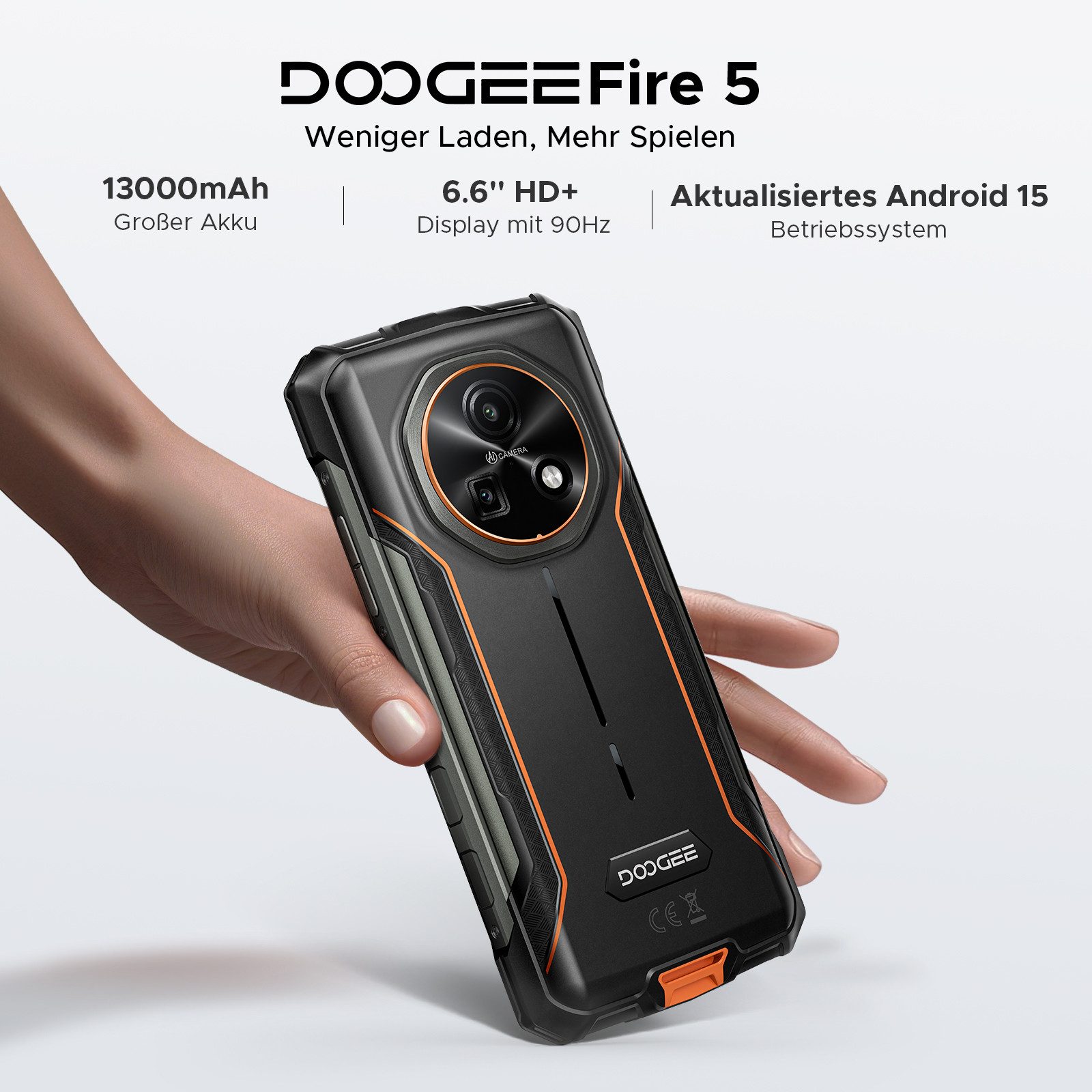 DOOGEE Fire 5 Android 15 Outdoor Handy 13000mAh Großer Akku Smartphone (16,7 cm/6.6 Zoll, 64 GB Speicherplatz, 13 MP Kamera, 6.6'' HD+ 90Hz, 13MP + 8MPKamera, 3GB +64GB, NFC/ OTG/ Triple-Slot)