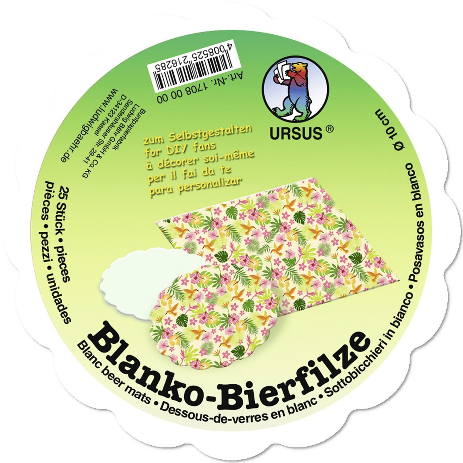 Ursus - Ludwig Bähr Bastelfilz Bierfilze blanko 10cm mit Wellenrand VE=25 stück weiß