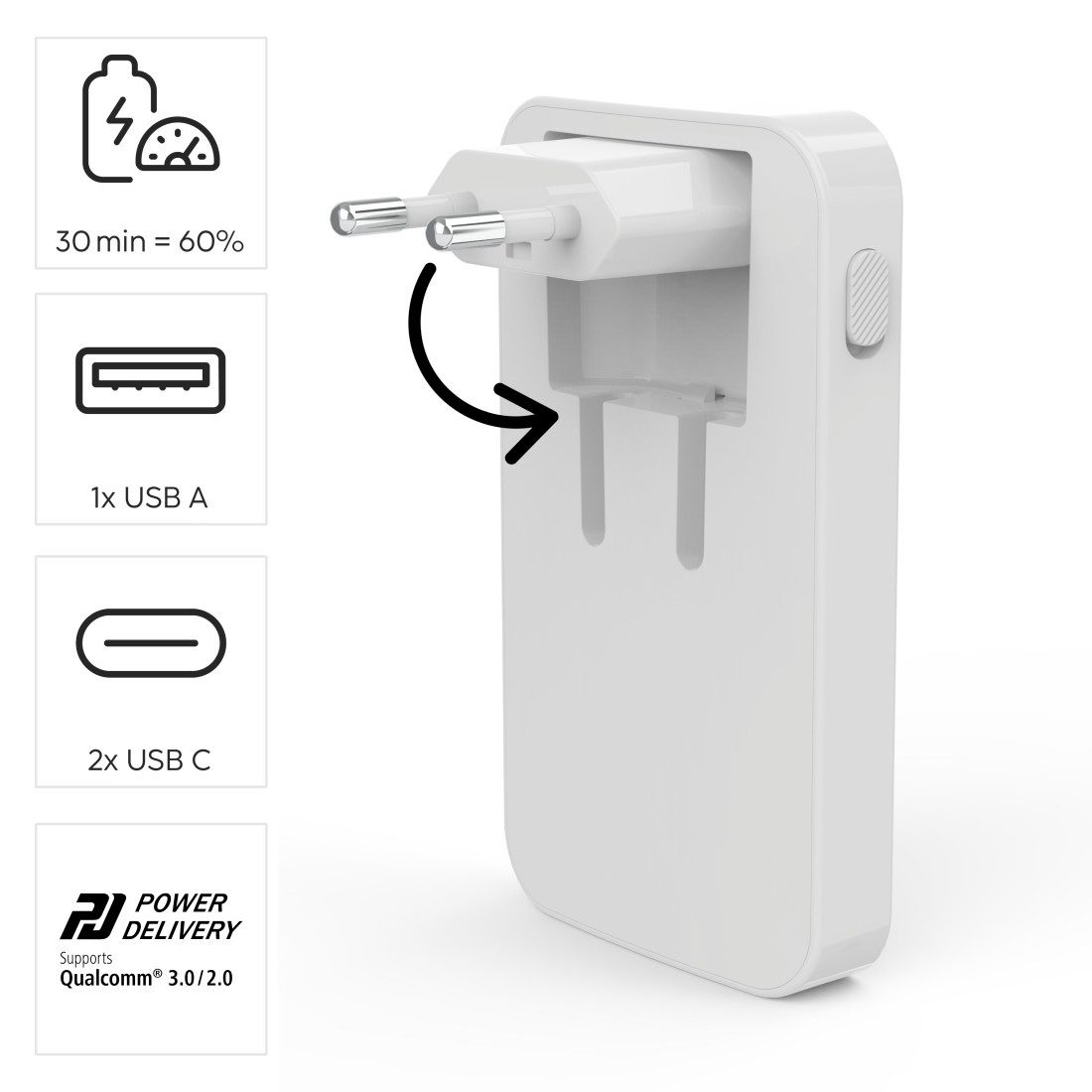 Hama Schnellladegerät mehrfach (GaN, 2x USB-C, 1x USB-A, flach, PD/QC, 65W) Schnelllade-Gerät
