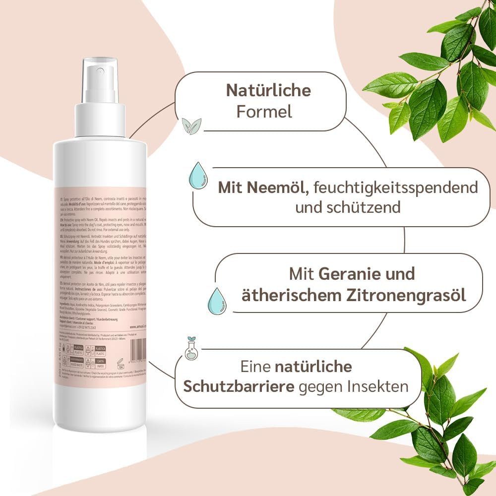 Amusi Fellpflege - Neemöl-Zeckenspray für Hunde - Natürliches Schutzspray für Hunde, 250 ml, (Zeckenschutz gegen Zecken, Insektenspray & Insektenschutz), Natürliche Formel, Vegan, ohne Parabene und Nickel