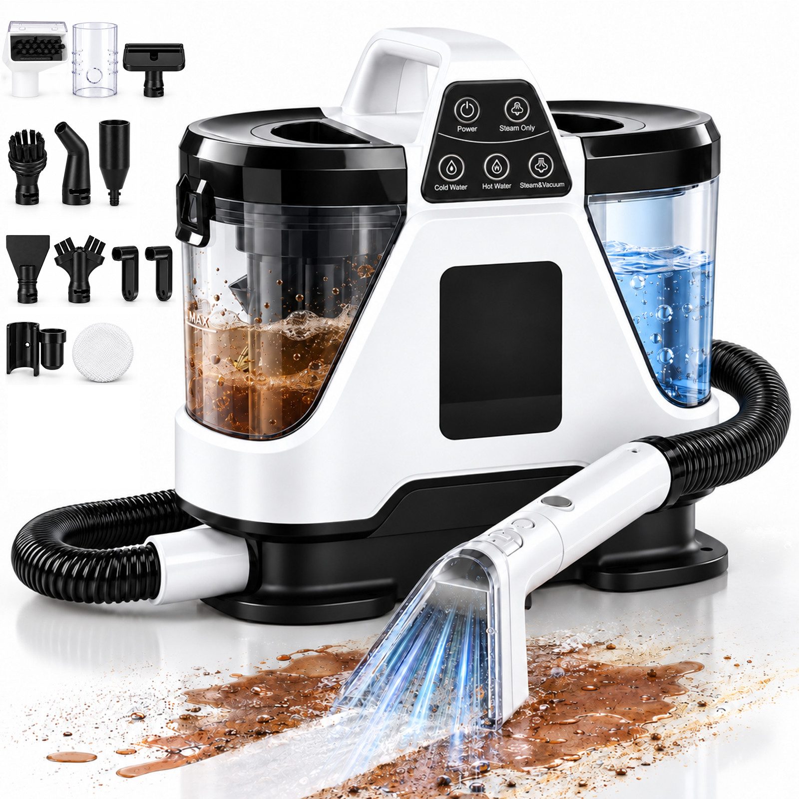 Lapalife Teppichreinigungsgerät Polsterreiniger Gerät 1850W 16KPA, 2 Wassertanks, 8 Reinigungsaufsätze, Selbstreinigung,Tierhaare und Flecken - für Polster im Haus