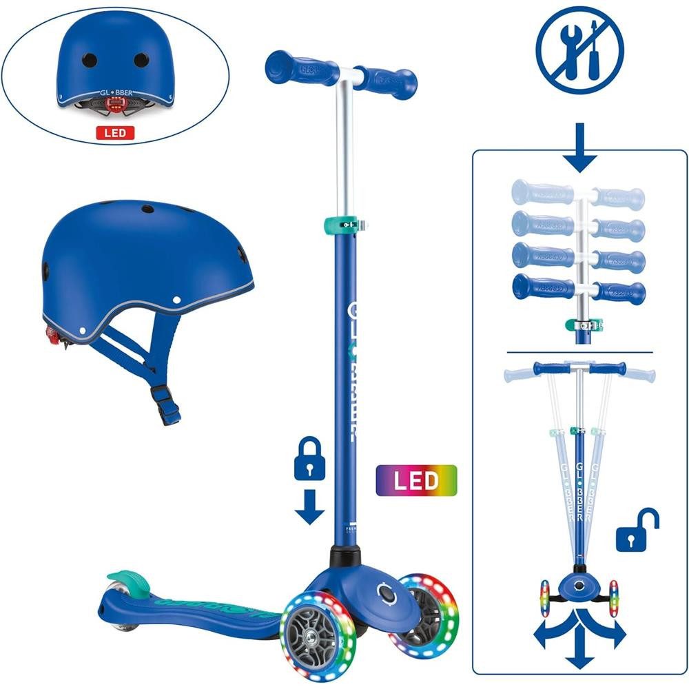 Globber Tretroller Primo Plus Lights Roller Set inkl. Helm XXS/XS 45-51cm LED Kinderoller, verstärktes Deck mit Antirutsch-Trittfläche, mit LED-Rücklicht