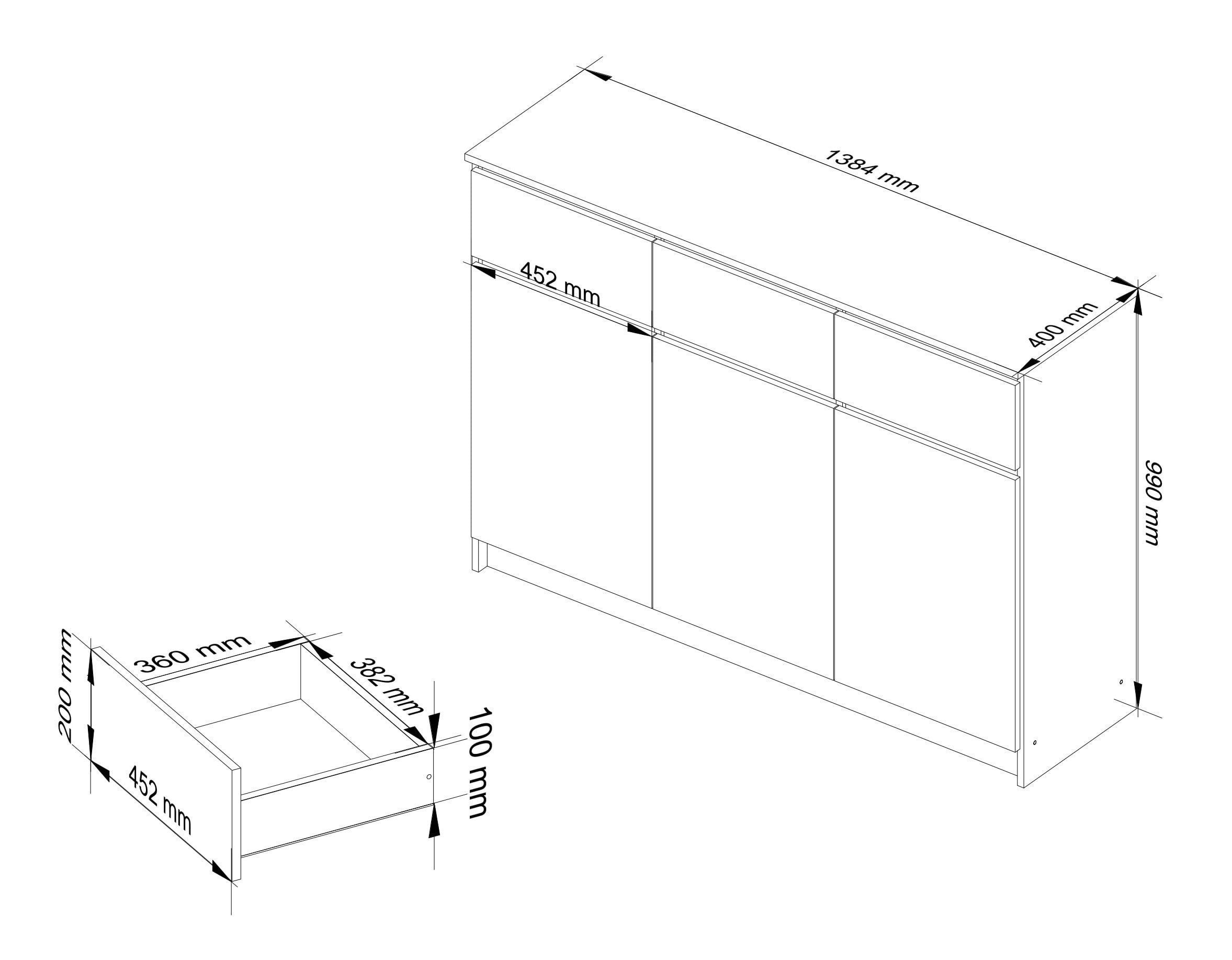 Raumhirsch Furniture Kommode mit 3 Schubladen drei Schranktüren 138 cm breit Anrichte Sideboard, Highboard / Kommode 138 cm, Sideboard Organizer für jeden Raum – Bild 4 von 5