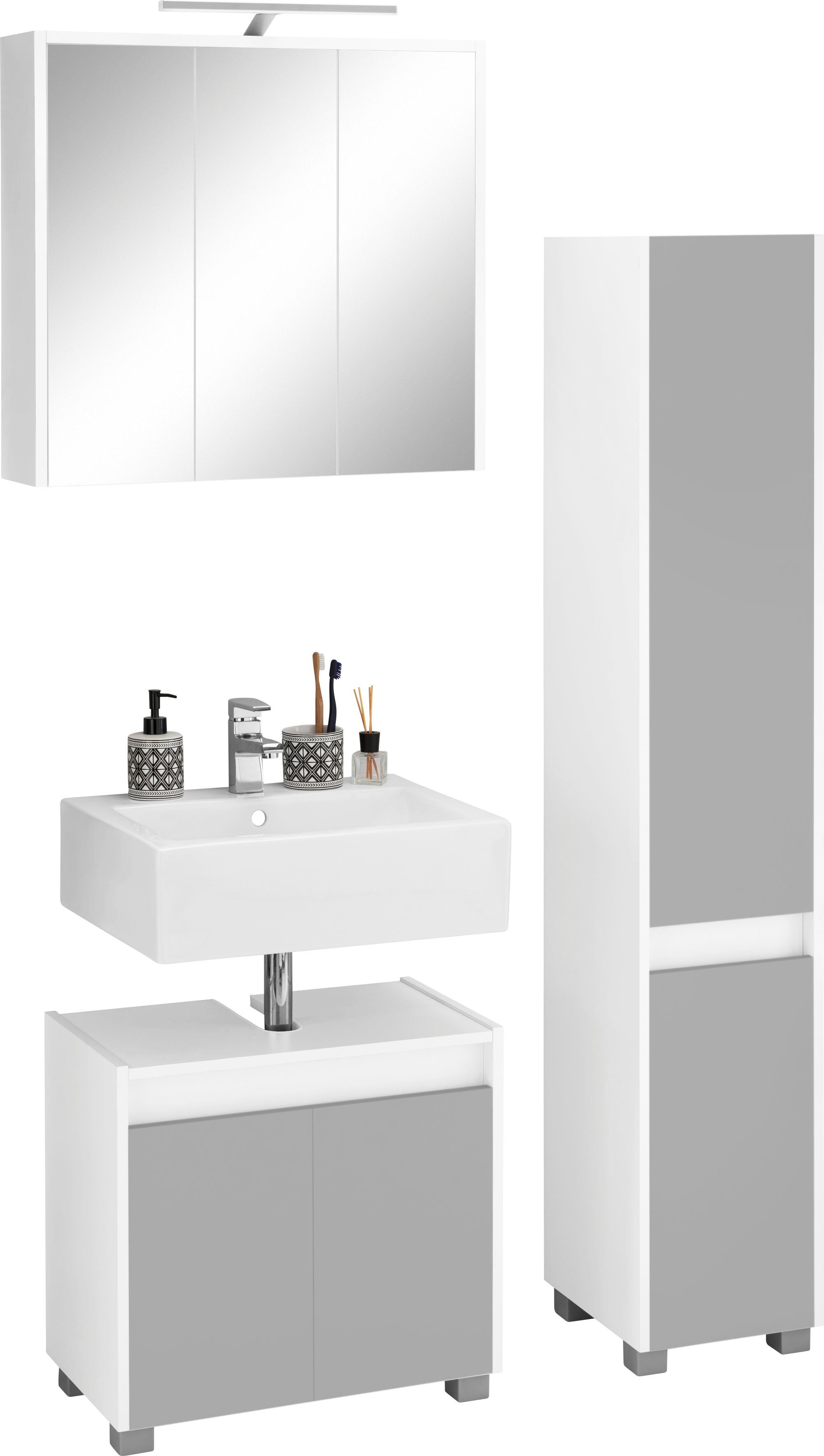 INOSIGN Badmöbel-Set Waschbeckenunterschrank, (3-St), List, LED-Beleuchtung Spiegelschrank inkl. Hochschrank