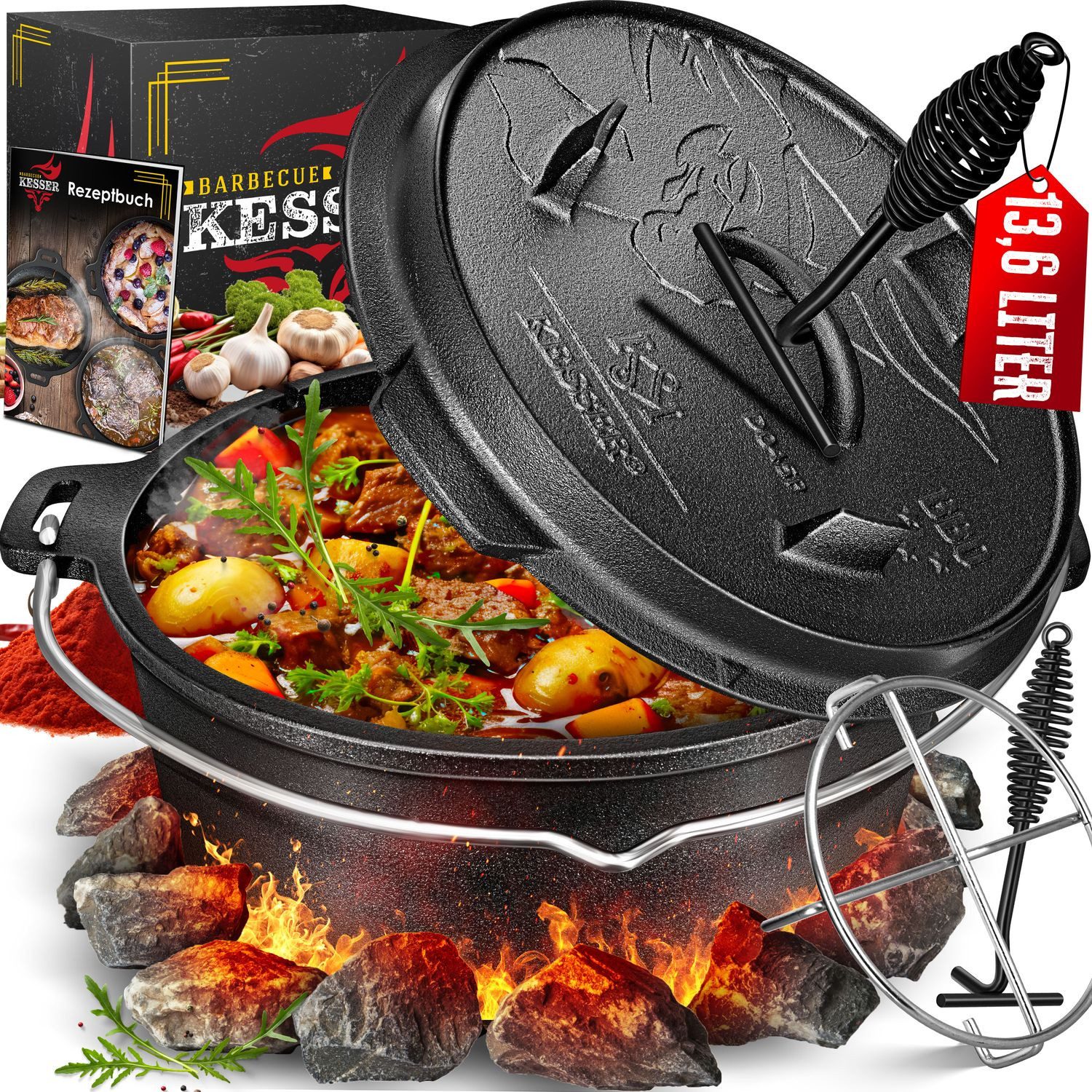 KESSER Feuertopf, Gußeisen, Dutch Oven Set BBQ Feuertopf Schmortopf, Gusseisen Topf