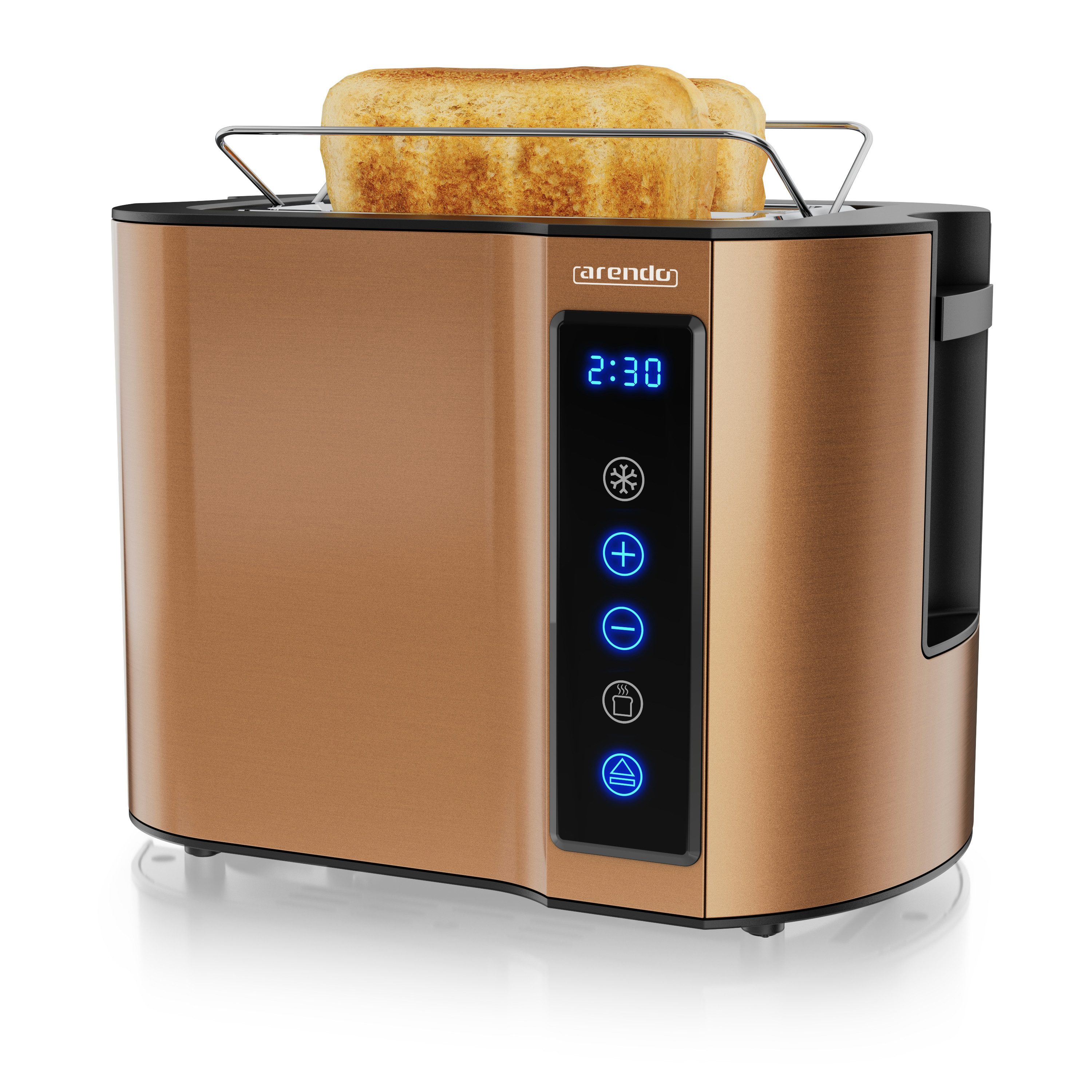 Arendo Toaster 2-Scheiben, Wärmeisoliertes Doppelwandgehäuse, Display Restzeitanzeige, 2 kurze Schlitze, für 2 Scheiben, 800 W, Kurzschlitz, Brötchenaufsatz, 7 Bräunungsgrade, Touchpanel