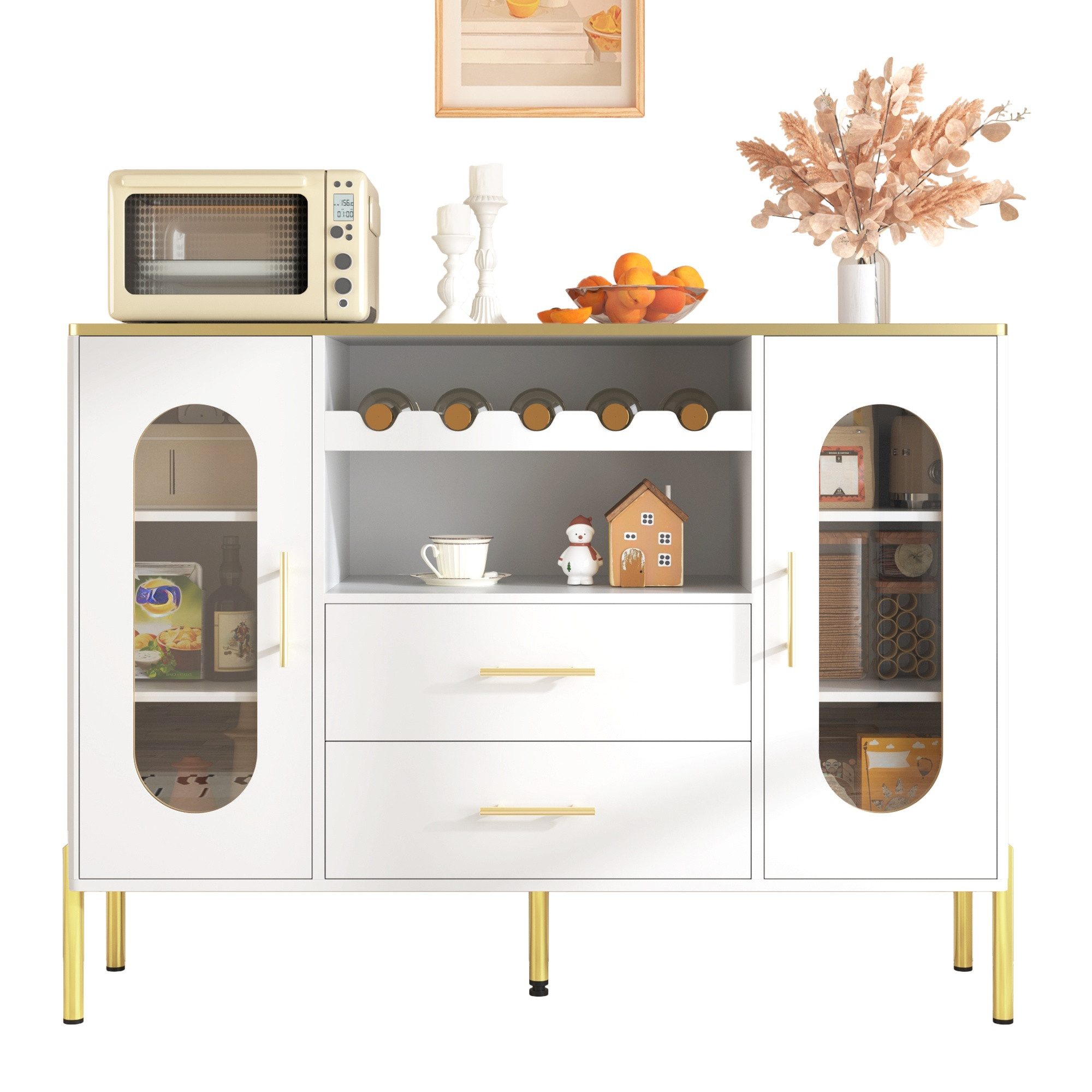 IDEASY Sideboard Weißes Sideboard: Glasfront, Weinregal & Stauraum