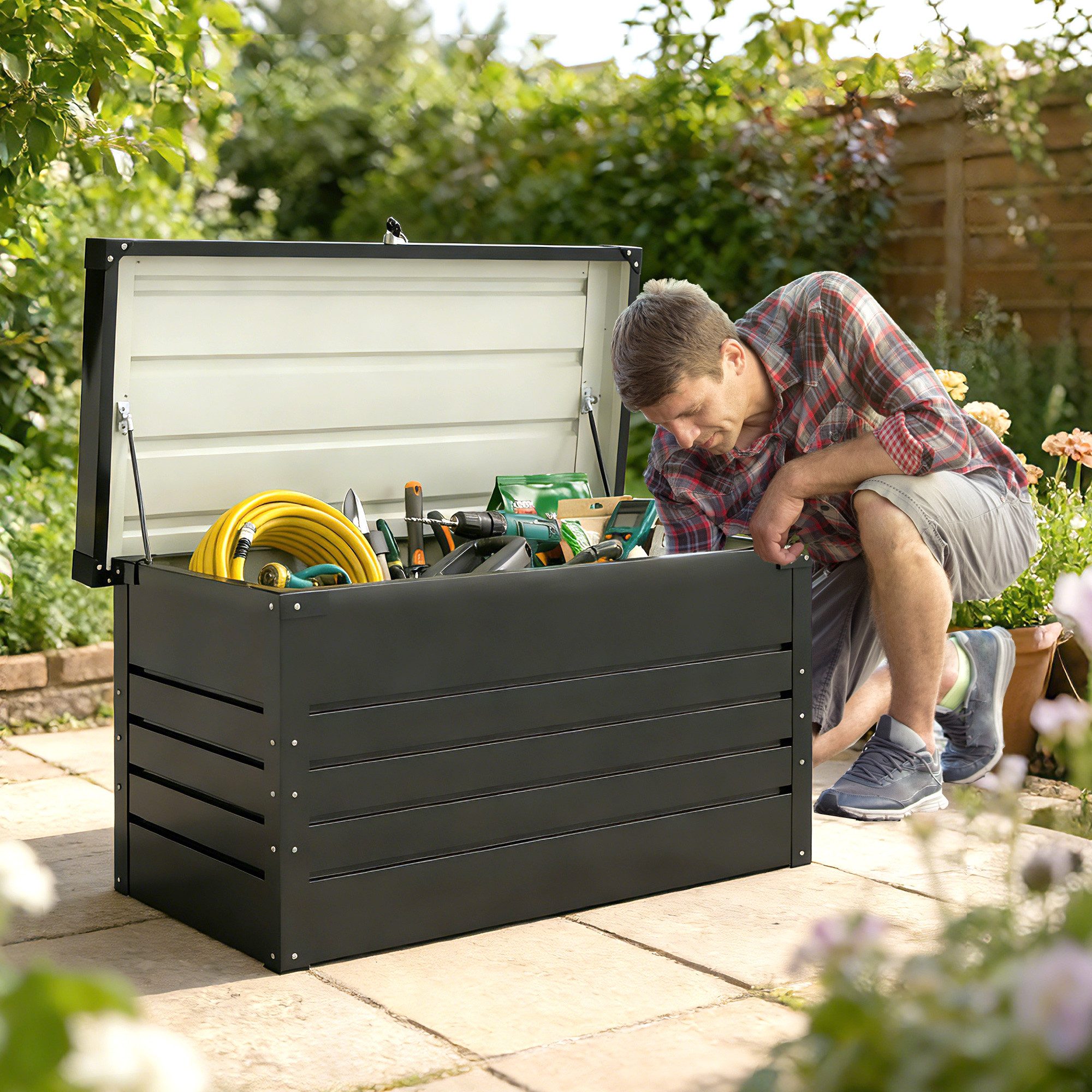 Outsunny Gartenbox mit doppelwandig Deckel, Handschuhe (Kissenbox, 3 St., Abschließbar Auflagenbox), für Garten Balkon Grau