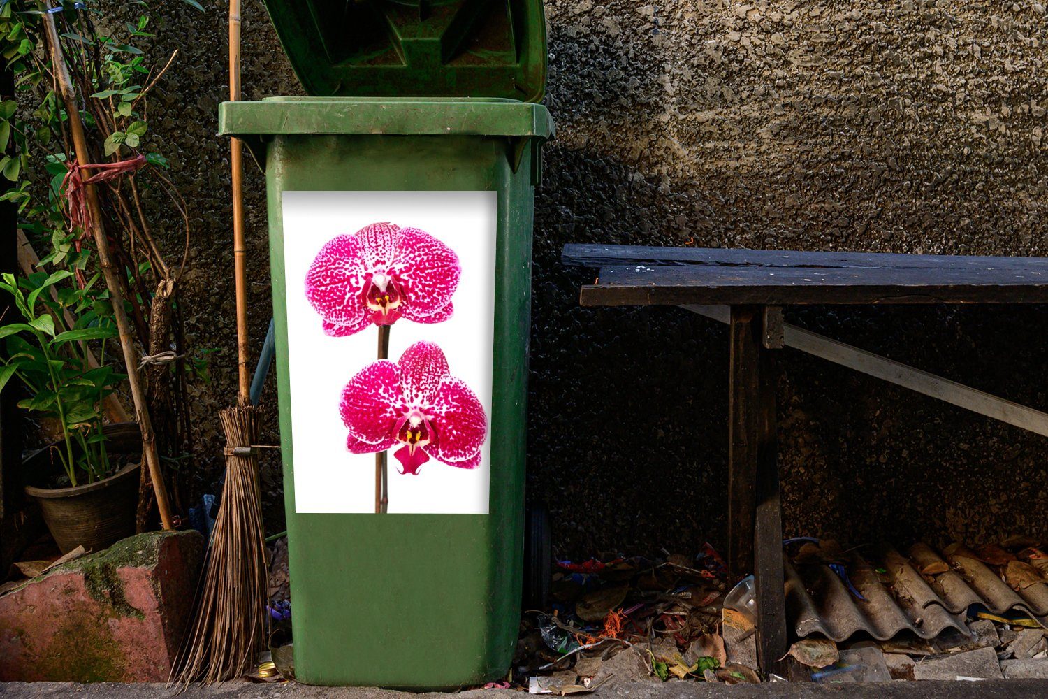 Orchidee Container, Abfalbehälter rosa Wandsticker Mülltonne, St), Sticker, MuchoWow Mülleimer-aufkleber, (1