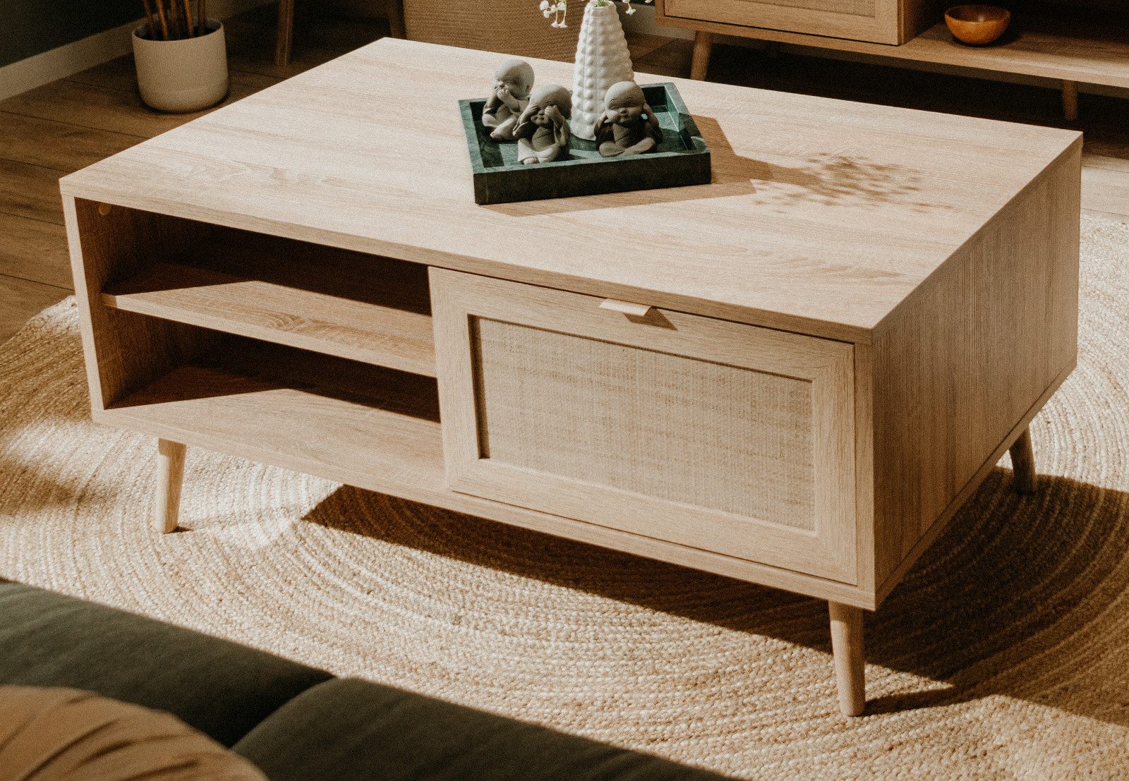 Furn.Design Couchtisch Niran (Beistelltisch in Sonoma Eiche mit Bast - Dekor, 100 x 40 cm), skandinavisches Design