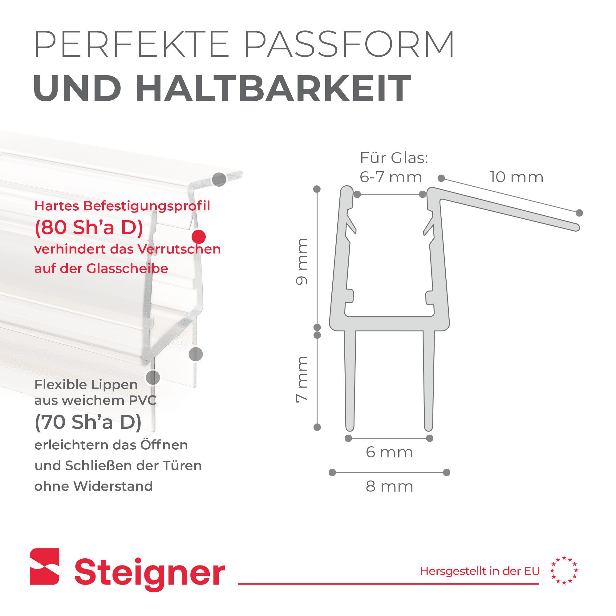 STEIGNER Duschdichtung Duschtürdichtung Gerade UK20-06 30 cm (1 Stk) Transparent 6-7 mm, L: 30 cm, (1 Stück Packung, Einzeldichtung), Dichtung für Eckeinstieg D – Bild 4 von 5