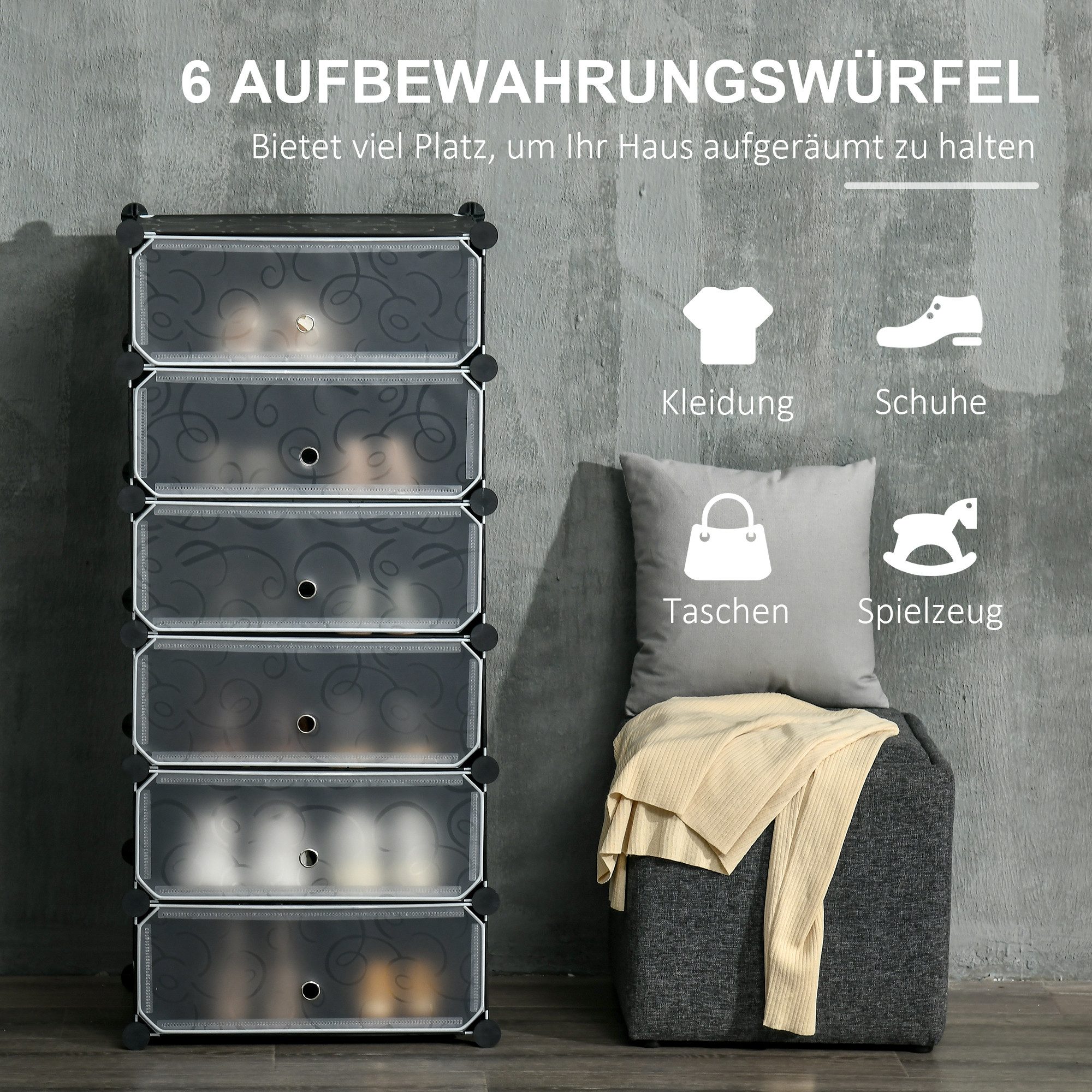 HOMCOM Schuhregal Schuhboxen 6er Set Schuhkarton stapelbar DIY Schuhorganizer, Schuhregal 1-tlg., Kunststoff Stahl Schwarz+Weiß 49 x 36,5 x 108 cm – Bild 4 von 5