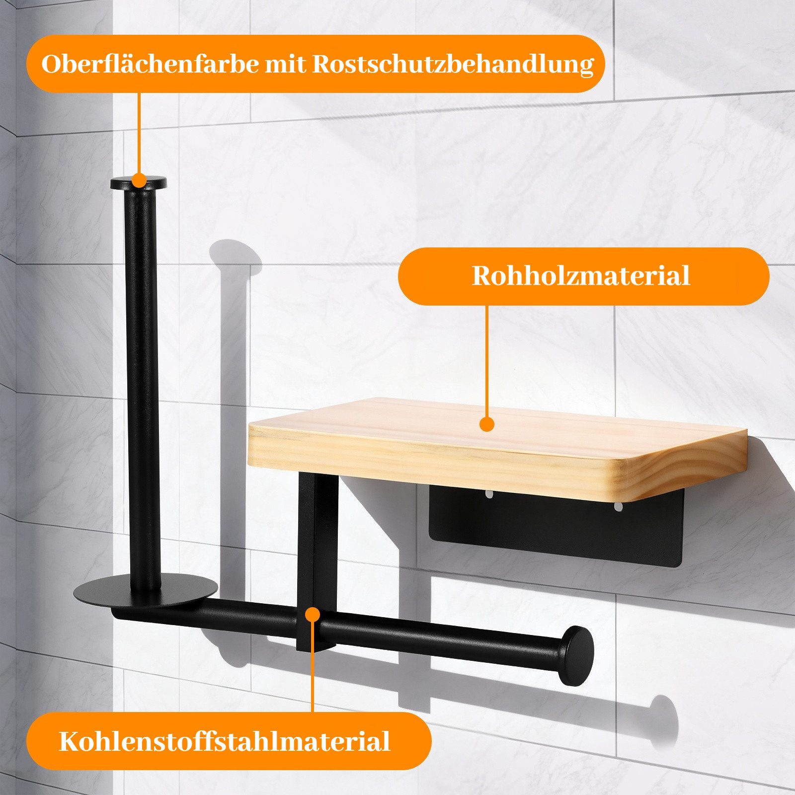 BlingBin Toilettenpapierhalter Klopapierhalter mit Ablage WC Papier Halterung Ohne Bohrung (1er Set, 1-St., 31,6 × 12 × 22 cm), Klorollenhalter mit Ablage für Bad und Küche, stilvoll, platzsparend