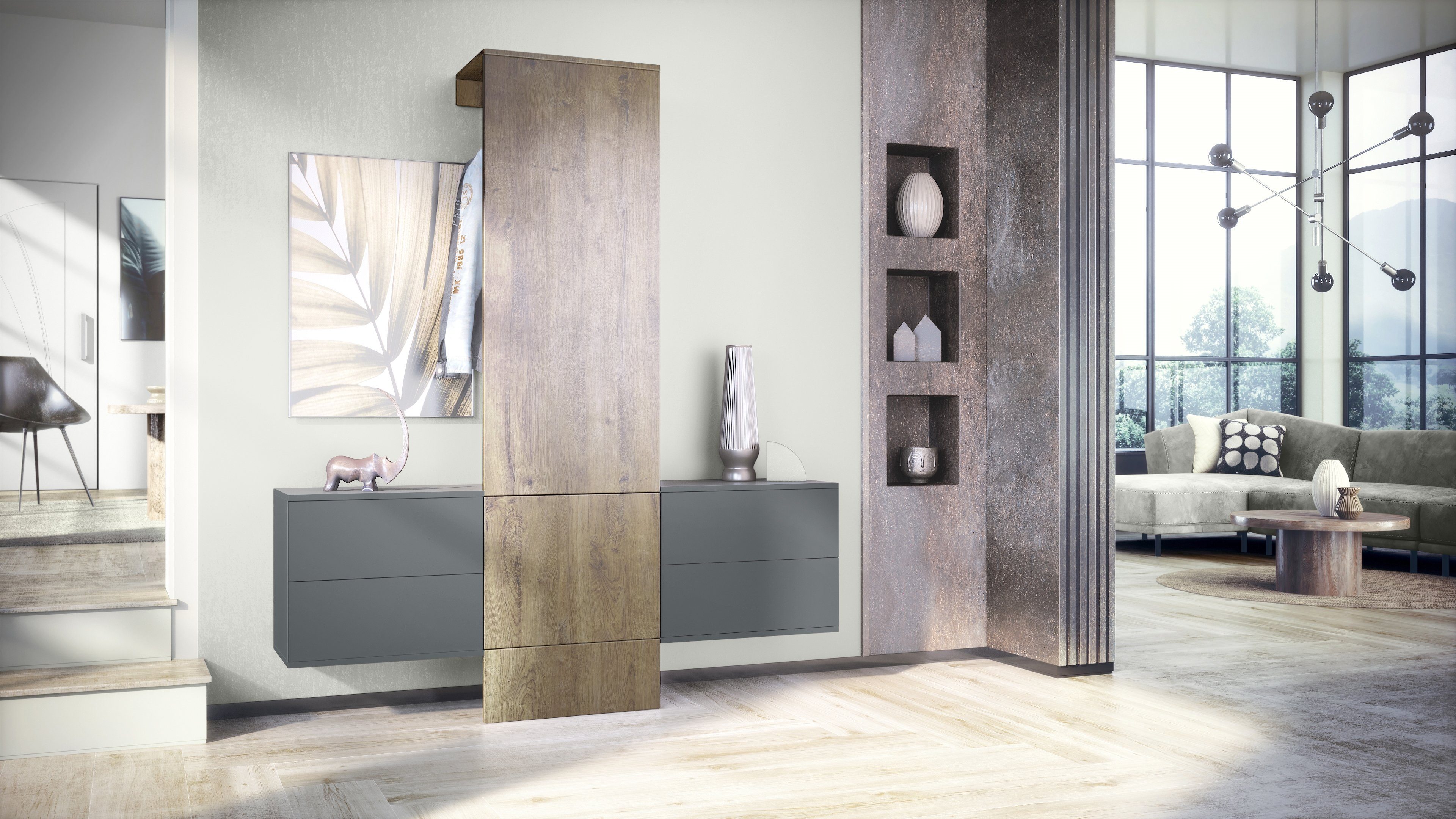 Vladon Garderoben-Set Carlton Set 3, (Wandgarderobe bestehend aus, 1 Paneel und 2 Schubkastenschränke), Anthrazit matt/Eiche Ribbeck (157 x 193 x 35 cm)