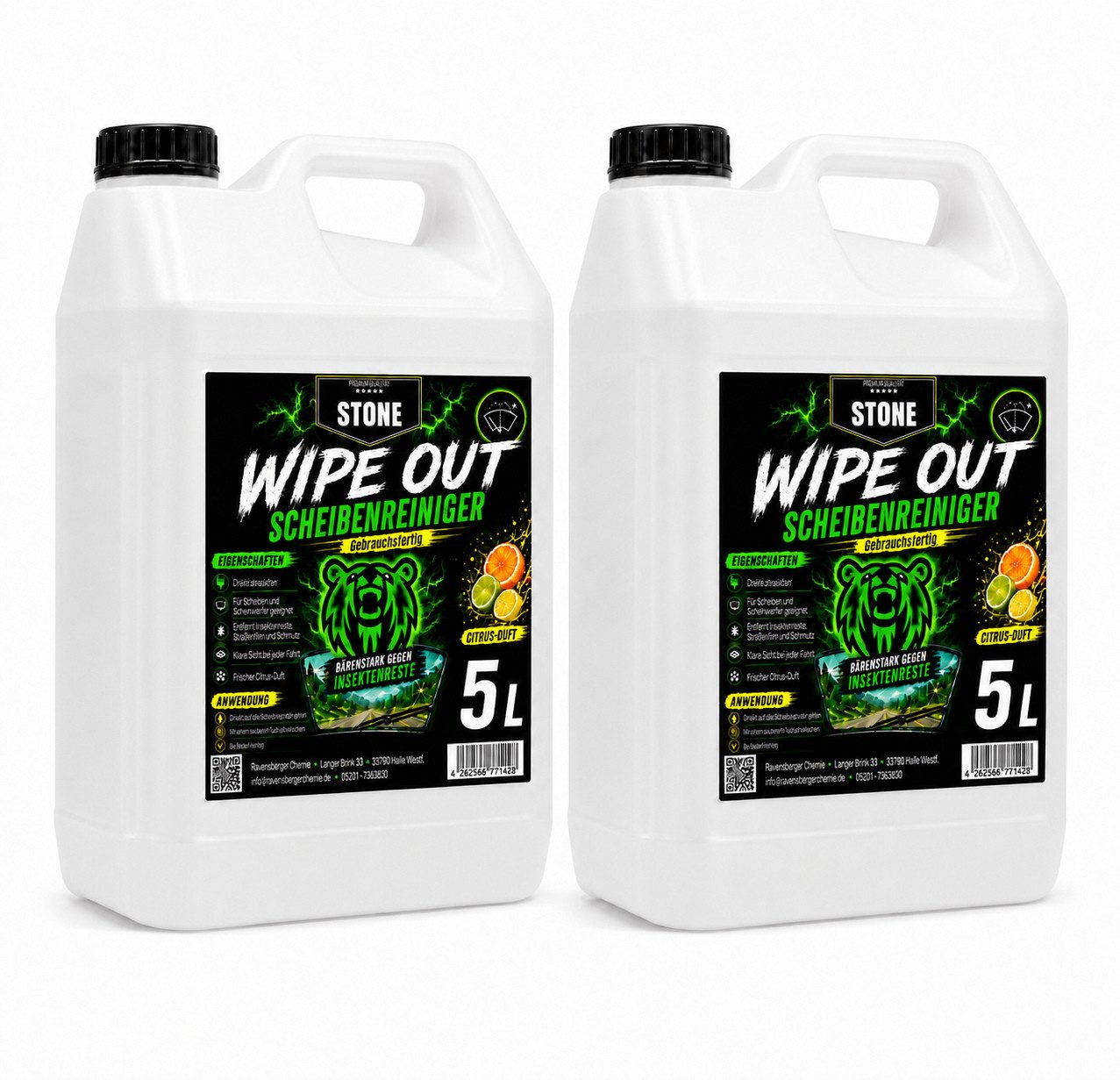 STONE Wipe Out Scheibenreiniger (Gebrauchsfertiger Scheibenreiniger 2x 5L mit Zitrusduft)