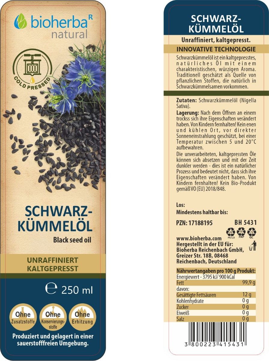 BIOHERBA R Schwarzkümmelöl 250 ml - kaltgepresst, unraffiniert Nahrungsergänzungsmittel