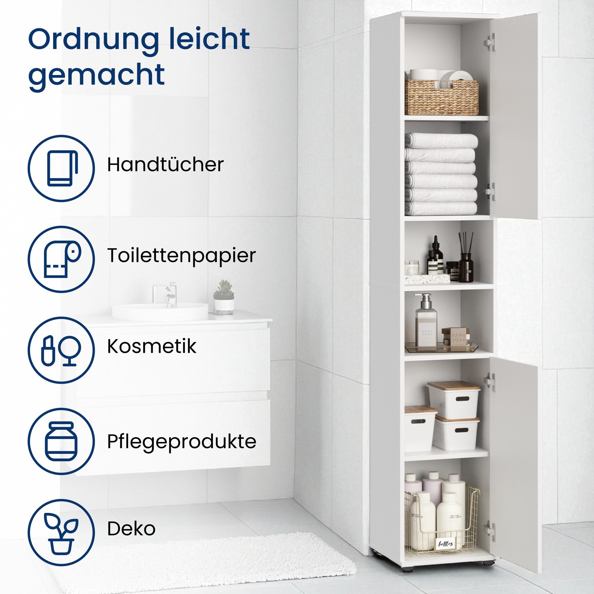 Home Collective Badkommode Badezimmerschrank Hochschrank 6 Fächer – robust & pflegeleicht, 35x35x187 cm (BxTxH), Weiß, 2 Türen, vielseitig & kompakt