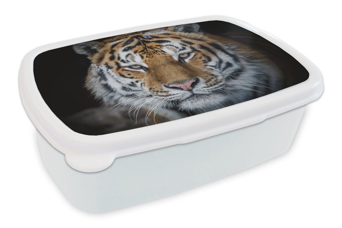 MuchoWow Lunchbox Tiger - Schnee - Schwarz, Kunststoff, (2-tlg), Brotbox für Kinder und Erwachsene, Brotdose, für Jungs und Mädchen weiß