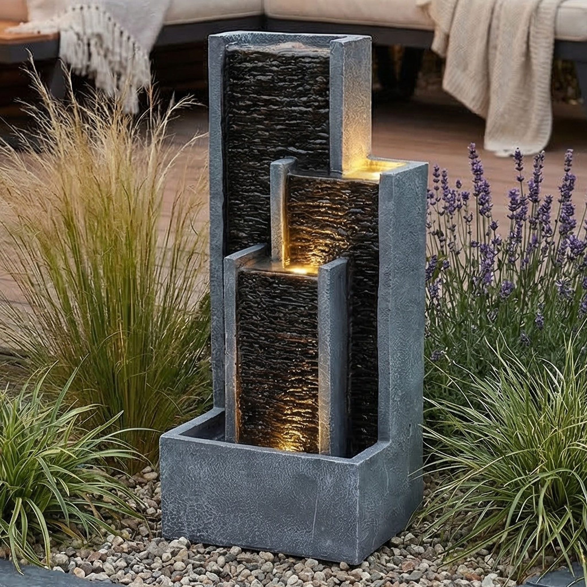 Arnusa Zimmerbrunnen Gartenbrunnen Wasserwand Indoor Outdoor mit LED Beleuchtung 48 cm, Gartendeko Wasserspiel mit LED warmweiß Steinoptik