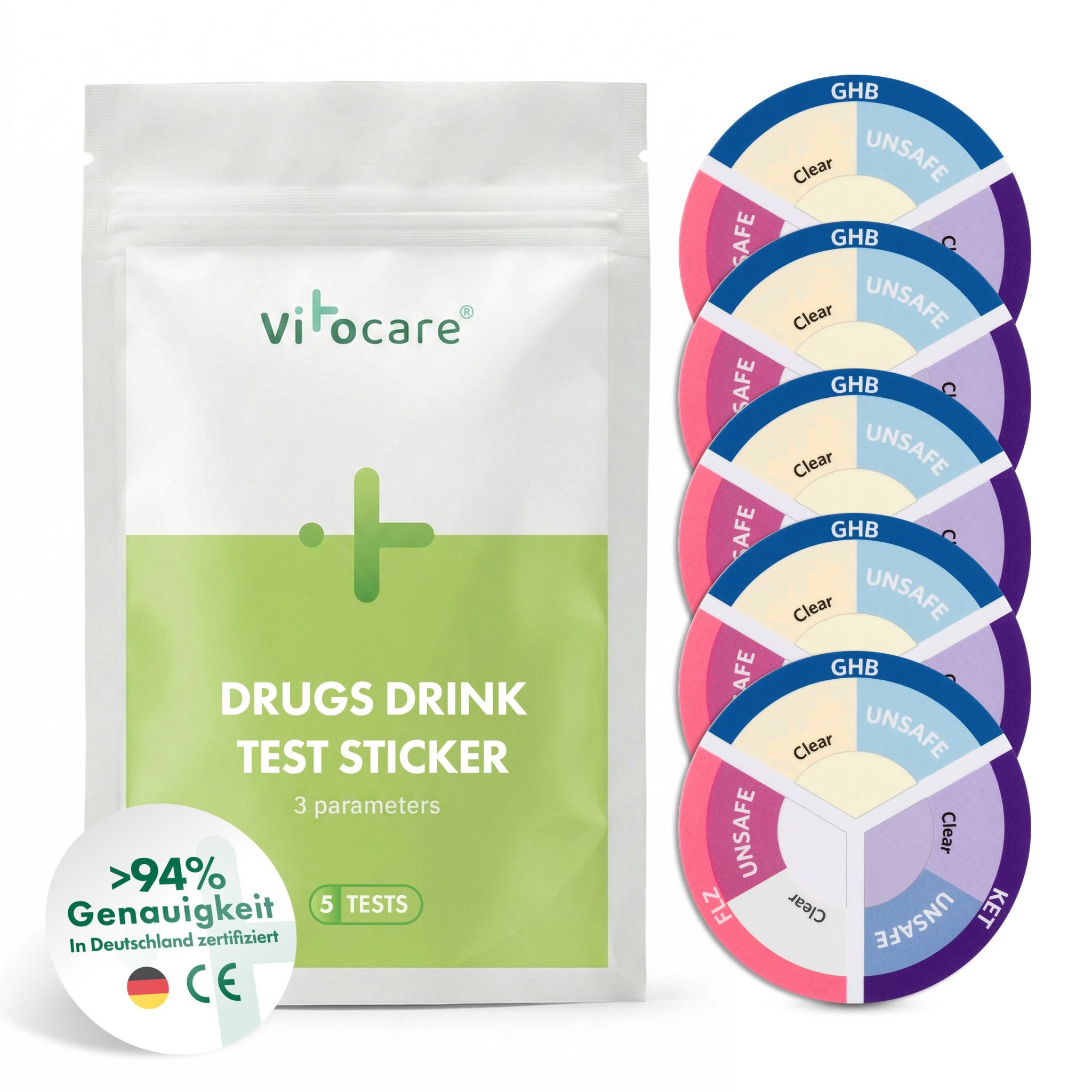 Vitocare Trinkwassertest KO Tropfen Test Drink-Sticker, Ketamin & GHB Schnelltest, 5 Stk.