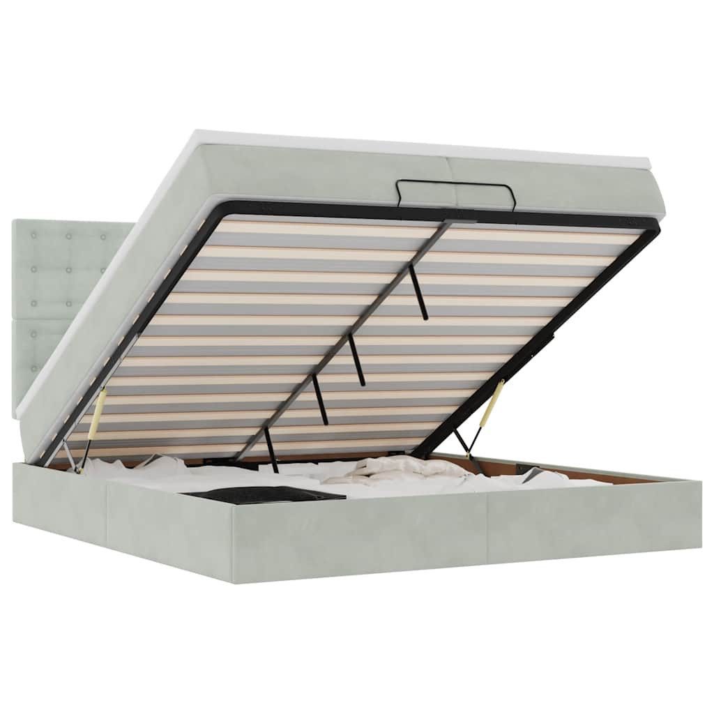 Bett Ottoman-Bett mit Matratzen & LEDs Hellgrau 200x200 cm Samt