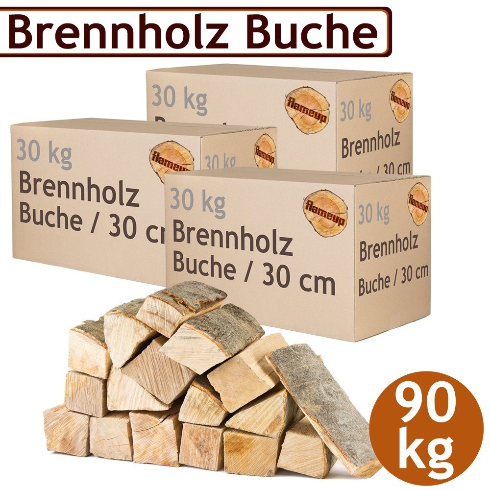 Flameup Kaminholz Brennholz Kaminholz Holz 90 kg Ofen Kamin Kaminofen Grill Buche 30 cm, 90 kg