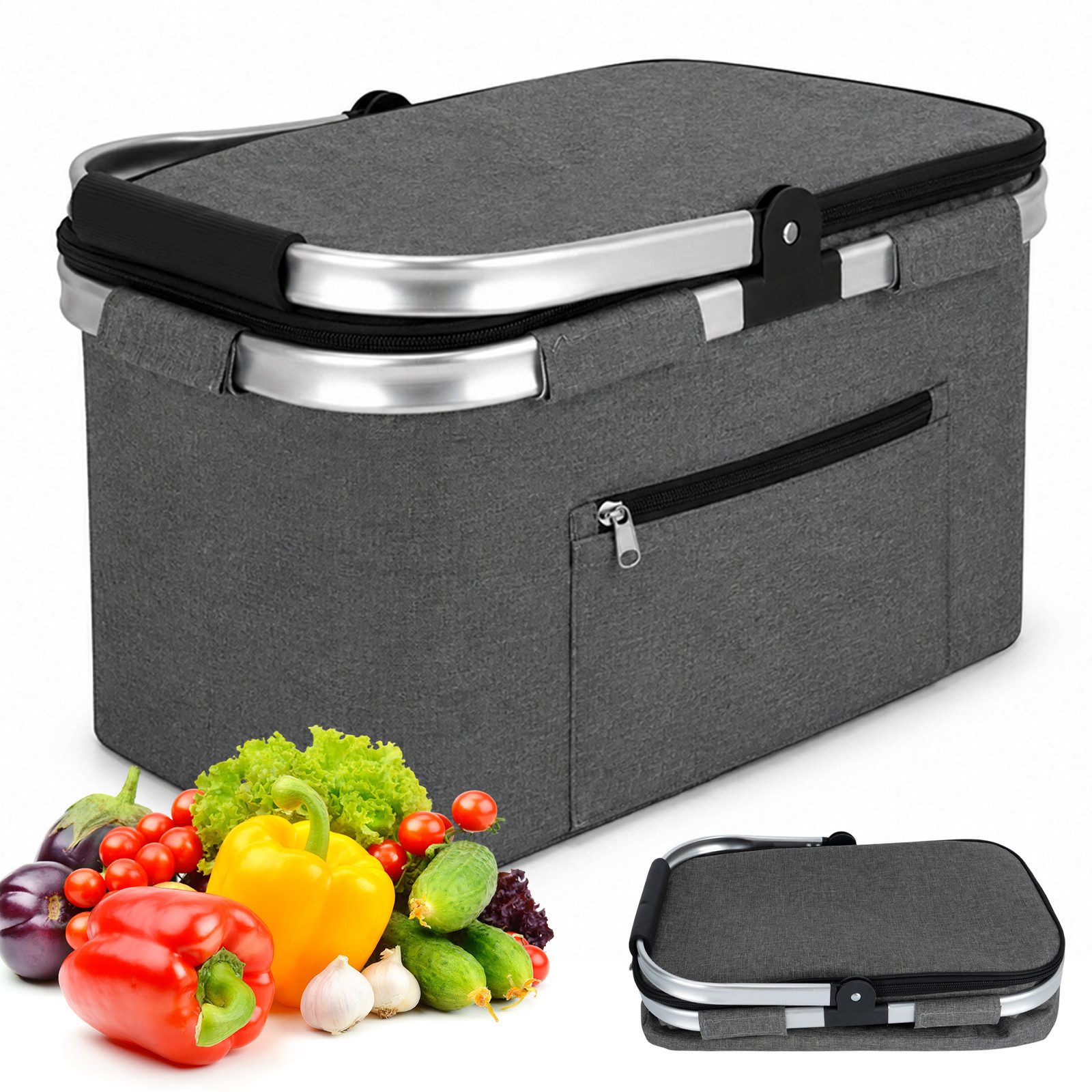 AKKEE Einkaufskorb Großer Picknickkorb mit gepolsterten Griffen Praktischer, Faltbarer Korb Einkaufstasche mit Aluminiumrahmen