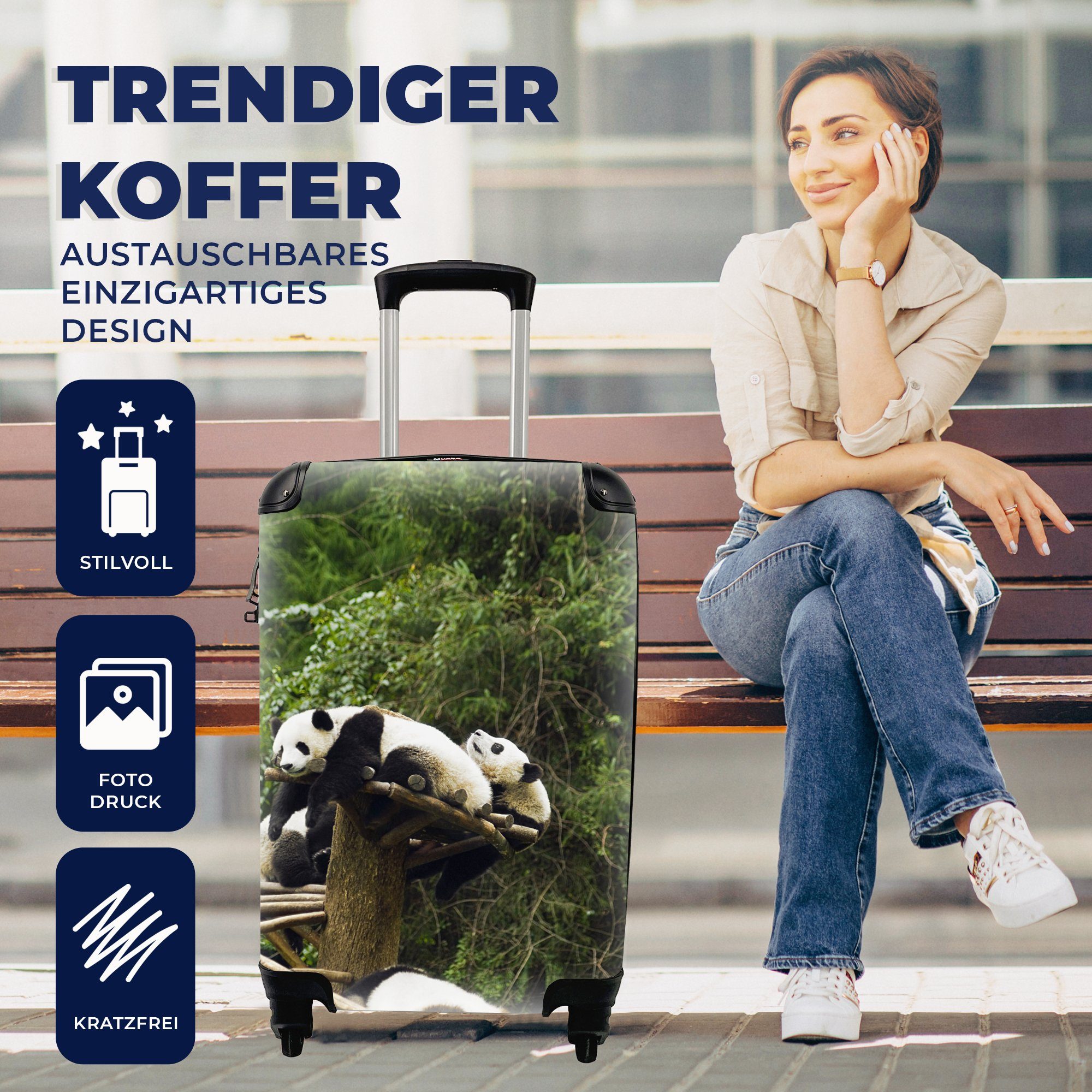 Handgepäckkoffer Handgepäck Reisekoffer Holz Pandas Trolley, für Treppe, Reisetasche Ferien, - MuchoWow rollen, Rollen, mit 4 -