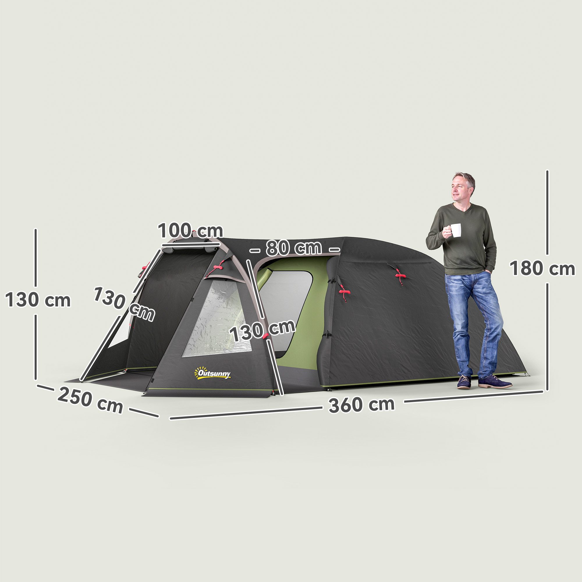 Outsunny Tunnelzelt mit Vordach, Doppeltür, Fenster, Bodenplane, Personen: 4 (Familienzelt, 1 tlg., Campingzelt), für Camping Reise Trekking Garten