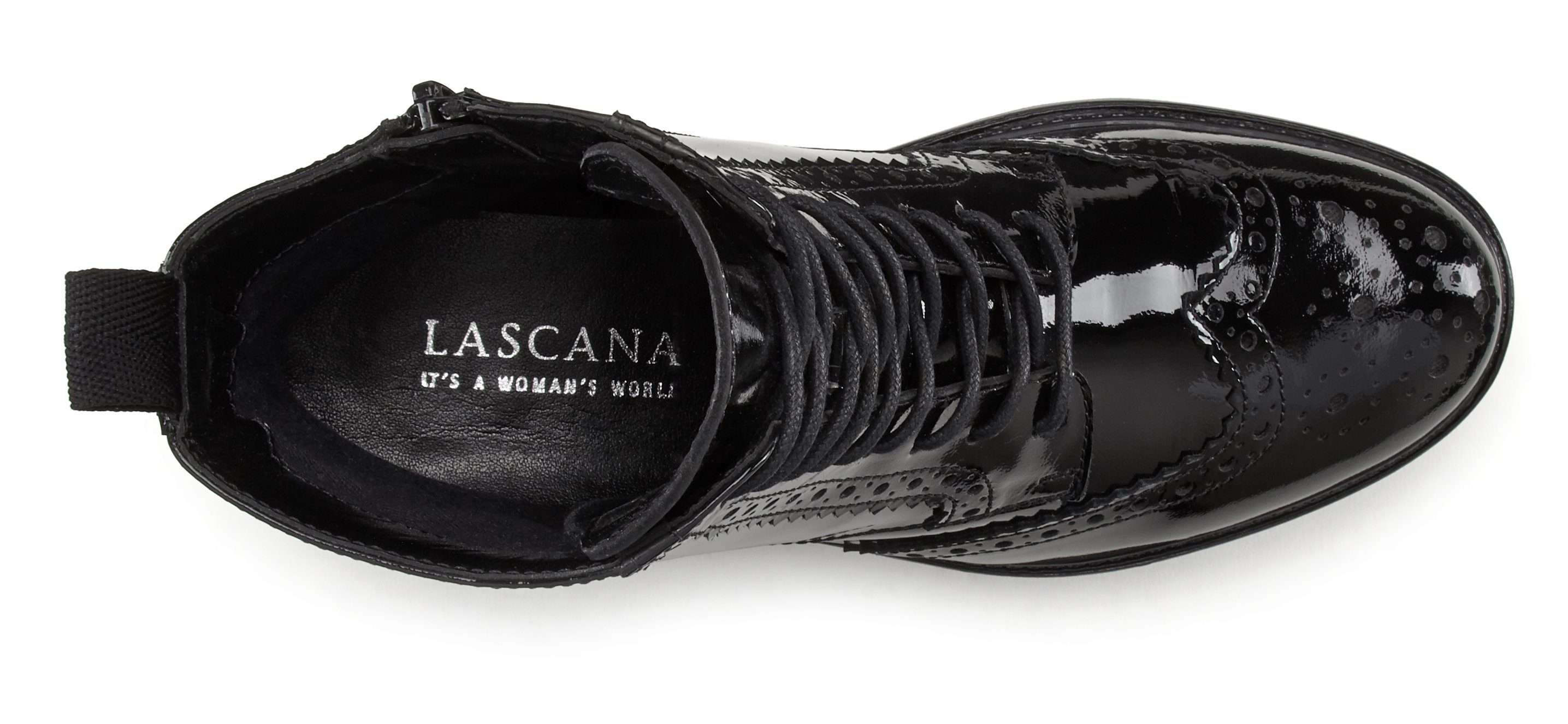 LASCANA Schnürboots Schnüren Ankle Boots, & Leder, Schnürstiefelette, schwarz-shiny Reißverschluss