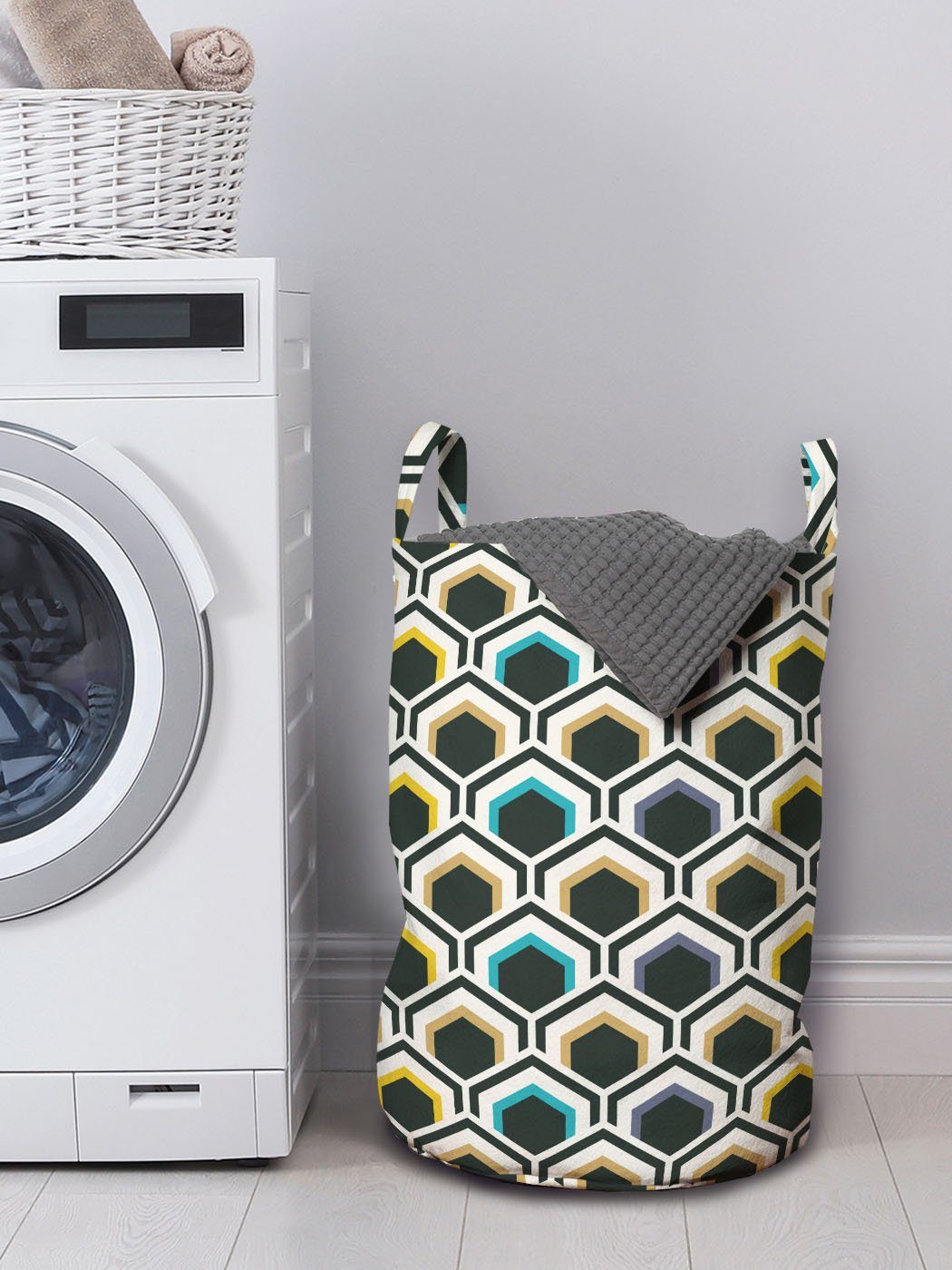 Hexagonal Waschsalons, für Wäschekorb Abakuhaus Geometrisch mit Overlapping Griffen Kordelzugverschluss Wäschesäckchen