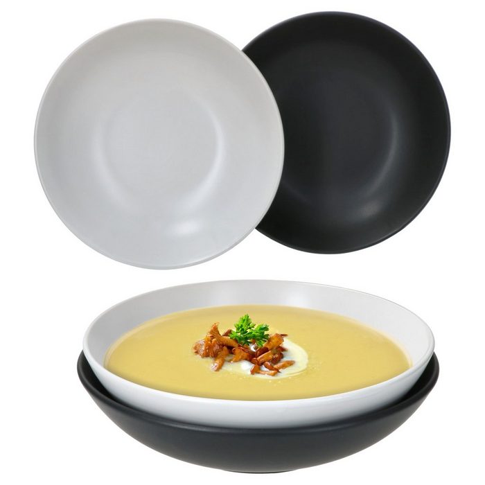 MamboCat Suppenteller 4x Nero Bianco Suppenteller tief Weiß Schwarz matt 4 Personen Salat-Bowl Schale